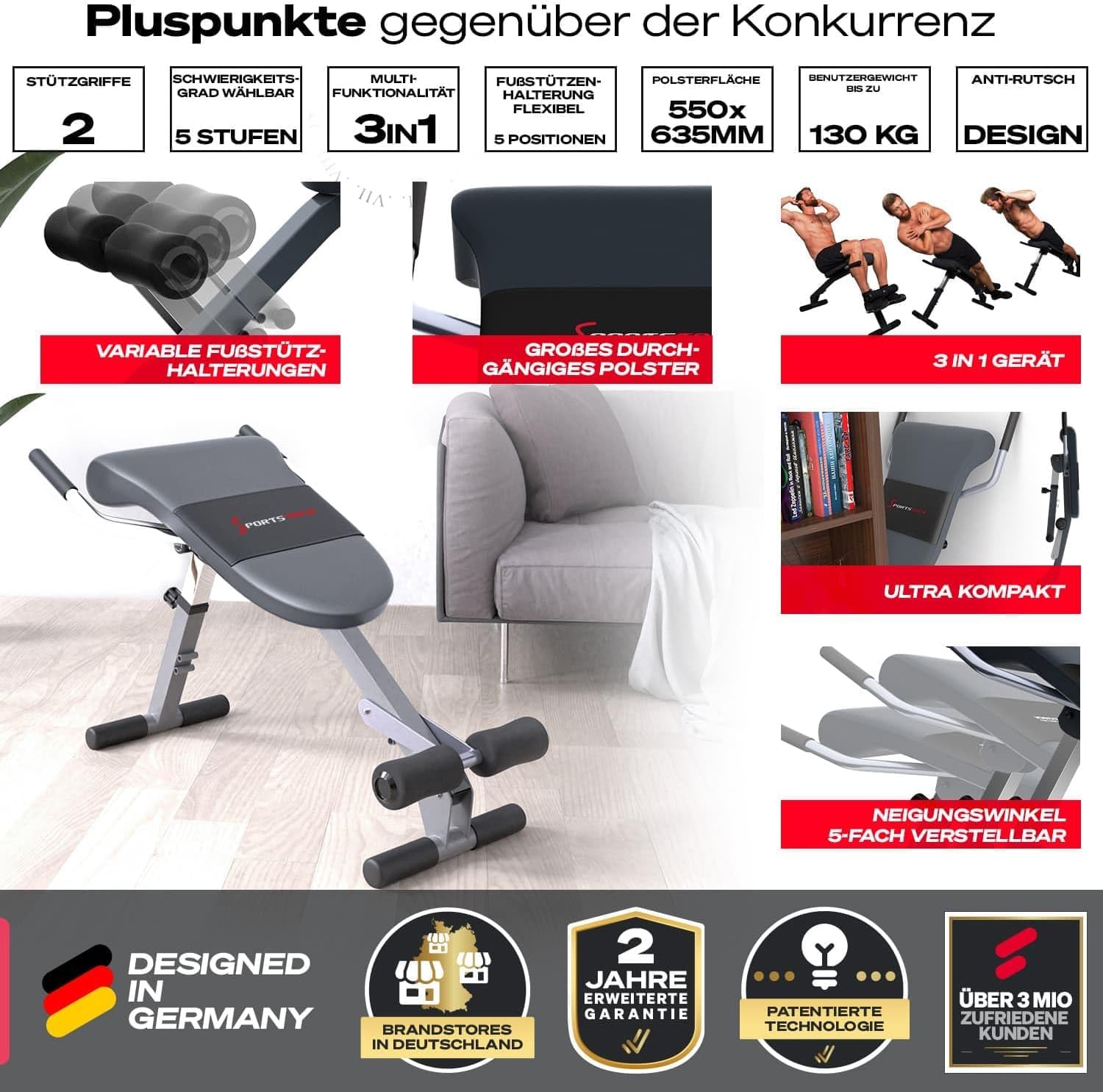 Sportstech Klappbare & verstellbare 3in1 Hantelbank für Zuhause – Bauchtrainer, Rückentrainer & Beincurler | Optimal für ein effizientes und effektives Home Gym Workout bis 130kg | BRT200