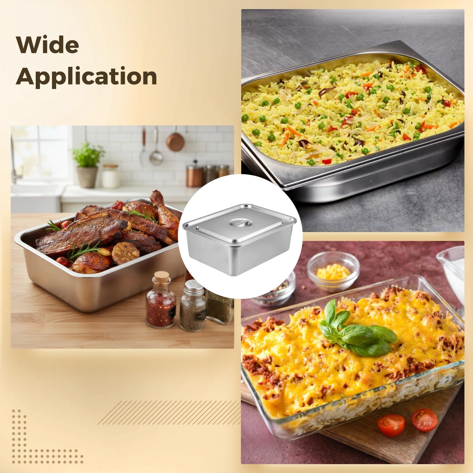 Bac de cuisson vapeur en acier inoxydable 304 avec couvercle, grand plat à lasagnes 36,1 x 26,9 x 7,1 cm, plat à gratin pour four, pâtisserie et service