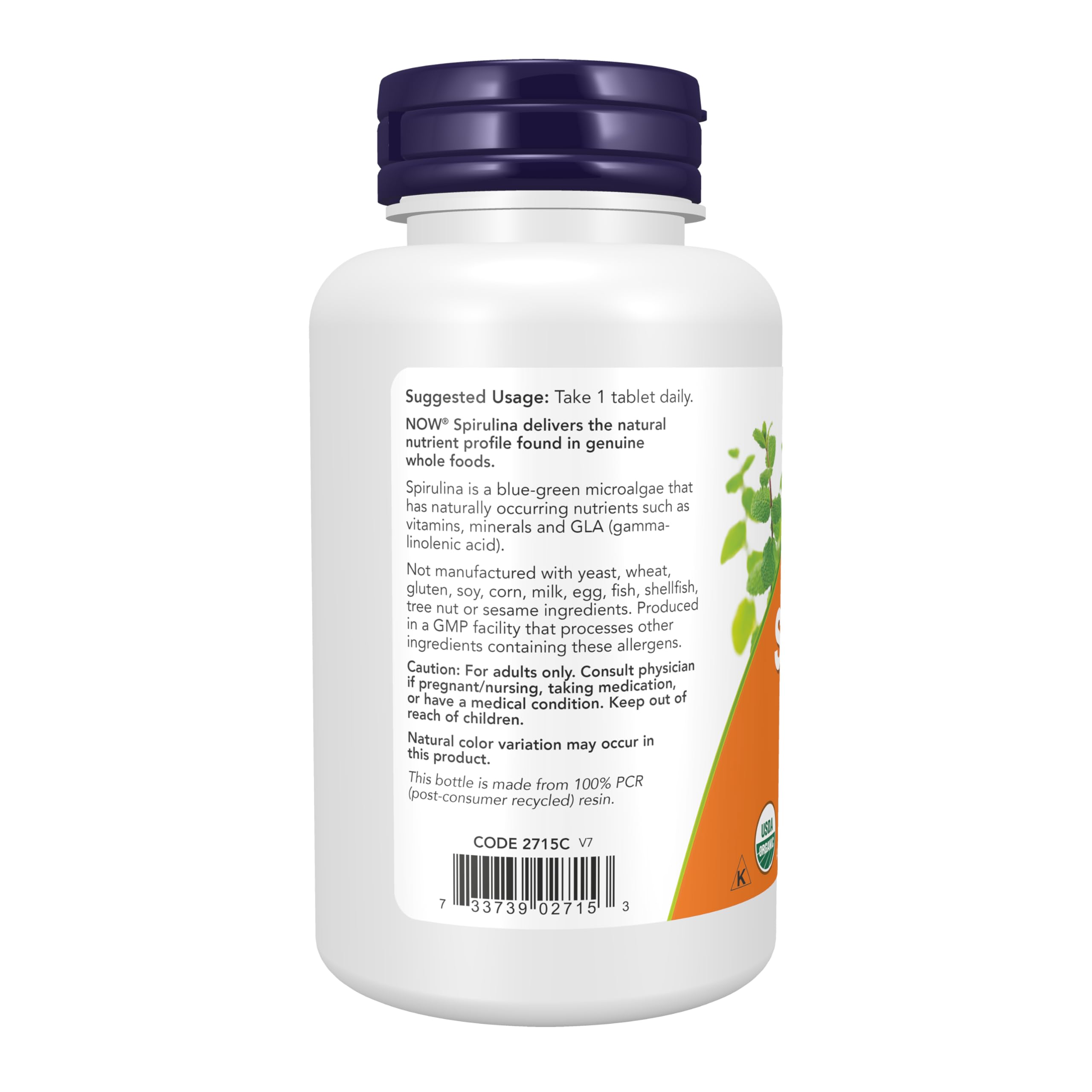 NOW Supplements, Organic Spirulina 1,000 mg, Double Strength, 120 Tabs — Amazon image 3