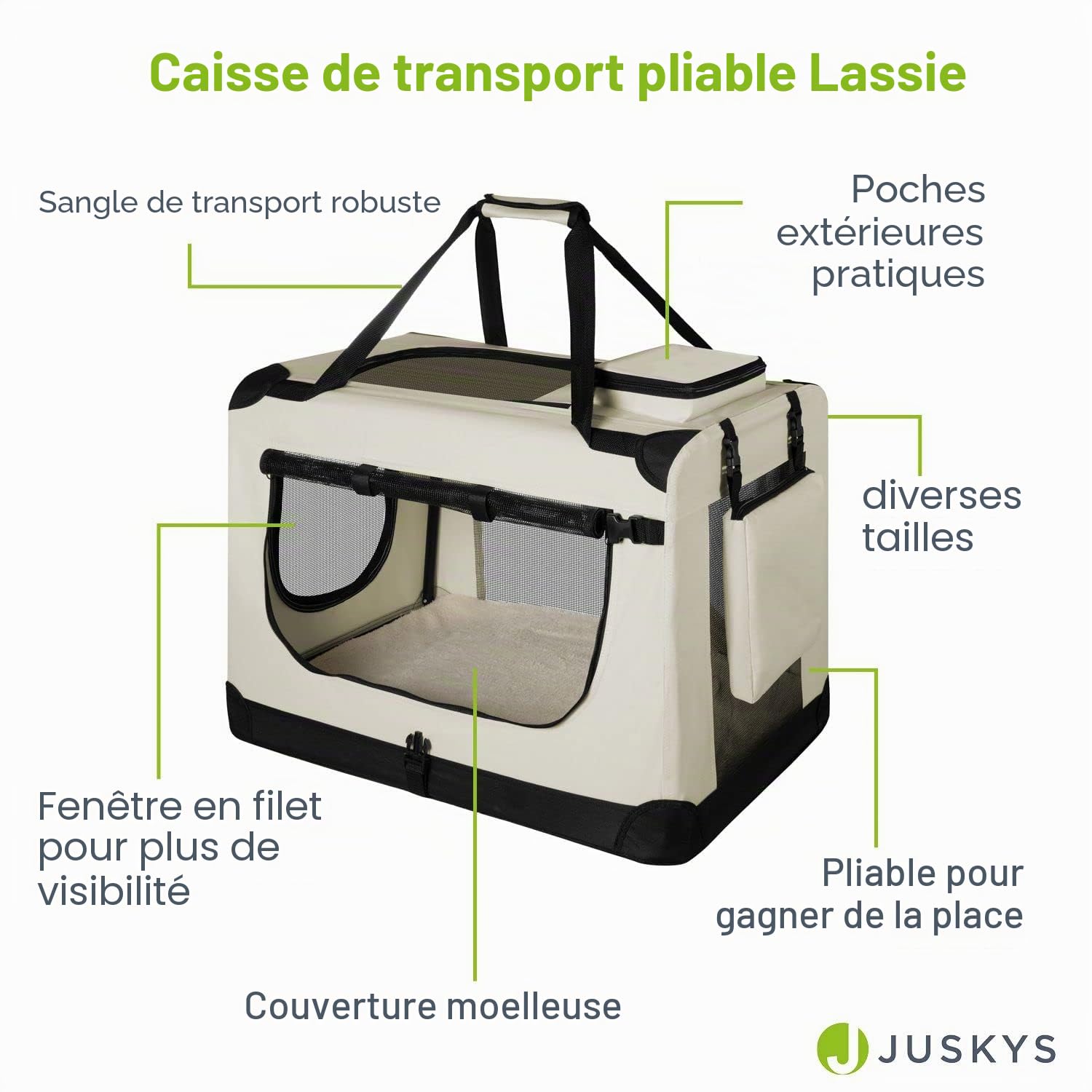 Juskys Caisse de Transport Pliable pour Chiens Lassie XL (Beige) - 58 x 82 x 58 cm - Avec Couverture, Poche & Poignées - En Tissu