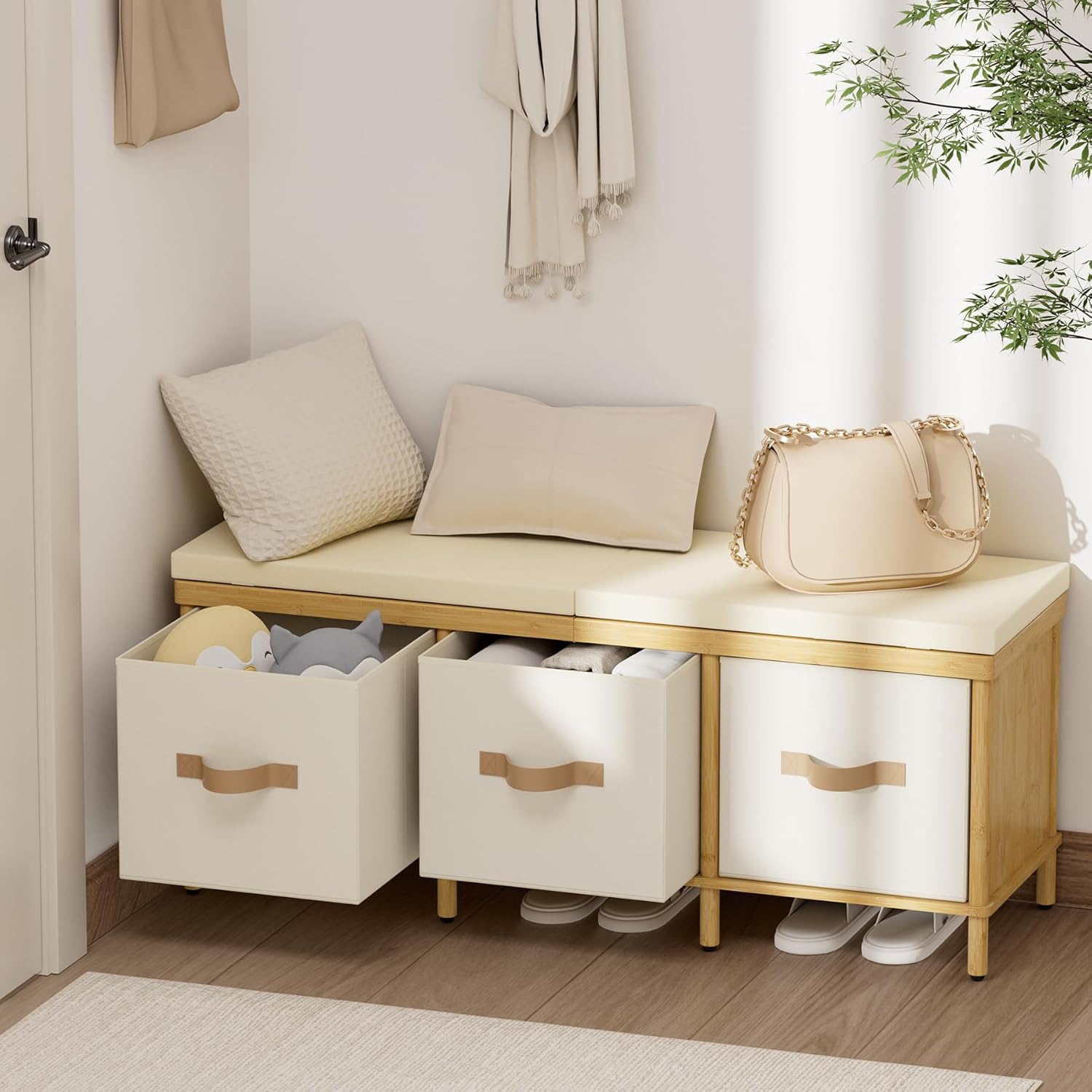 Storage Bench, 43.3' Bamboo Storage Chest with 3 Drawers, Entryway Bench with Cushioned Seat, End of Bed Bench with Storage Toy Box, Toy Chest Storage Bench for Entryway, Living Room, Bedroom