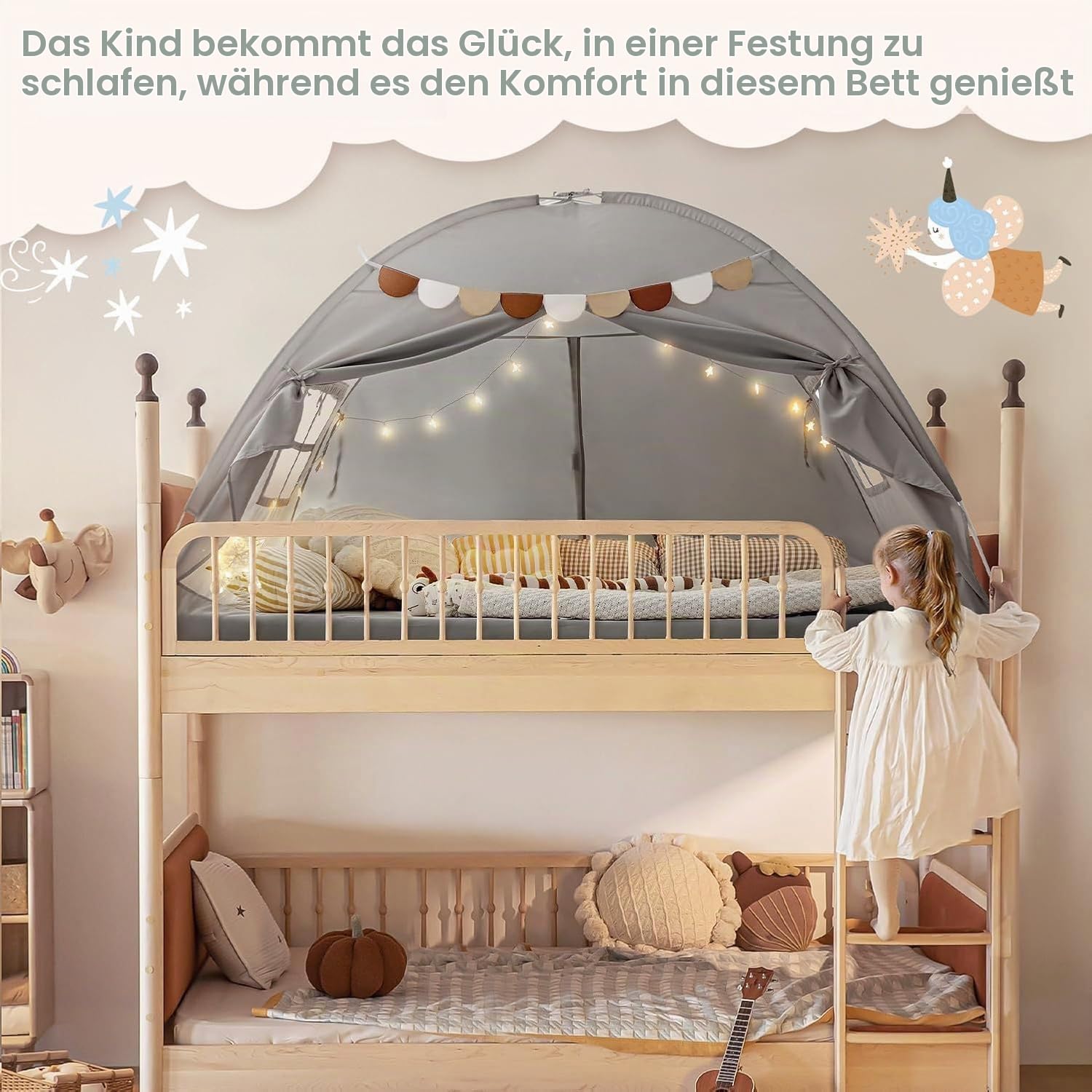 Spielzelt Kinder Indoor, Spielhaus Kinder mit Flaggen, Maschinenwaschbar Tippi Kinderzelt ab 3 Jahren FüR Kinderzimmer, Spielzimmer, Party, Schneller Aufbau (Grau (195 x 98 x 125 cm))