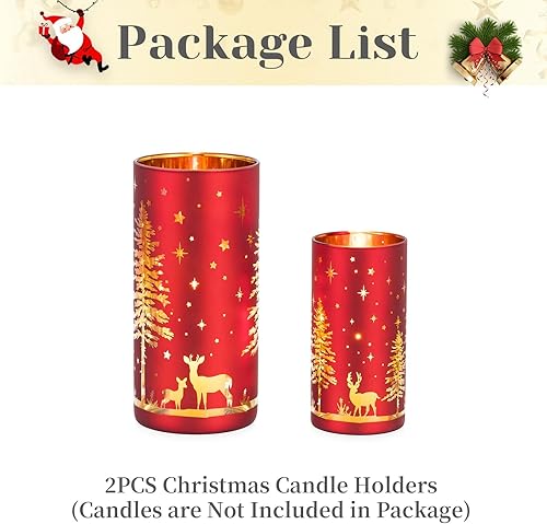 Miniatura 8 de Hewory Portavelas de huracán de Navidad juego de 2 velas de Navidad de reno dorado rojo, portavelas de vidrio para centro de mesa, mantel de