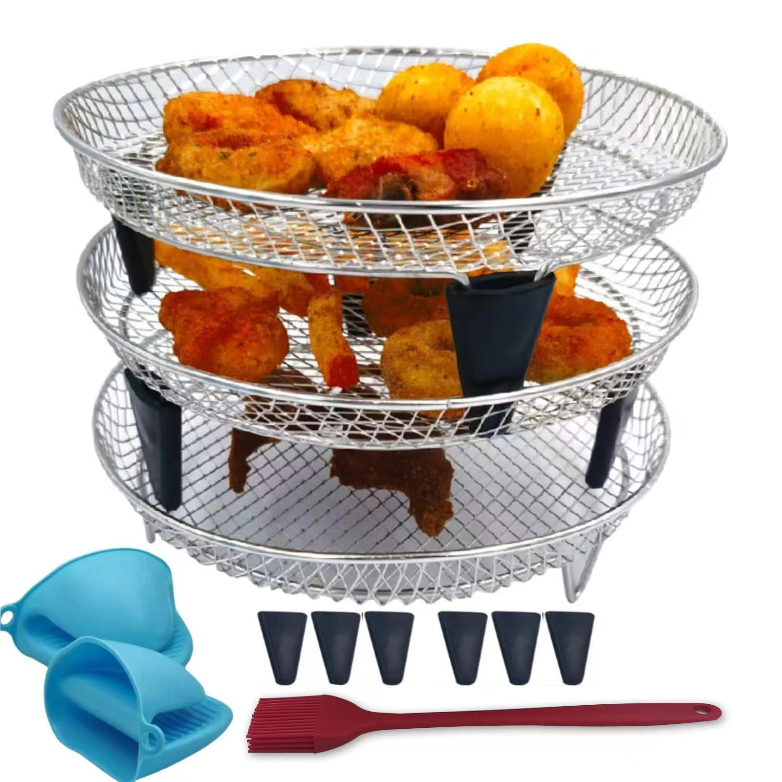 Air Fryer Racks, 3Pack Round Stackable Dehydrator Racks with Insulated Clamp and Brush Universal Stainless Steel Kitchen Air Fryer Accessories Fit all 5.0QT - 10.0QT Air fryer, 8inch
