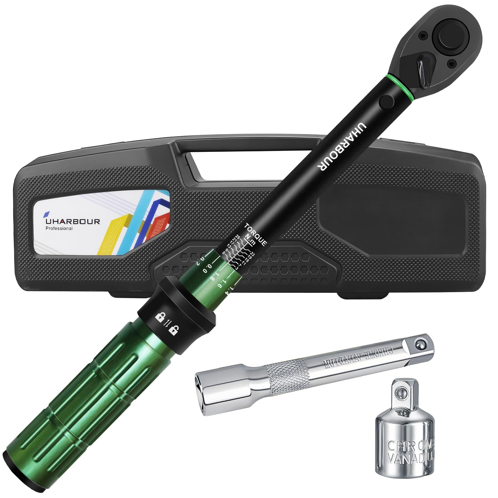 Uharbour 3-25 Nm 3/8 Drive Torque Wrench for Bicycles, Bicycle Torque Wrench Set with Adapter and Extension Rod for Bike, ±3% Error Accuracy