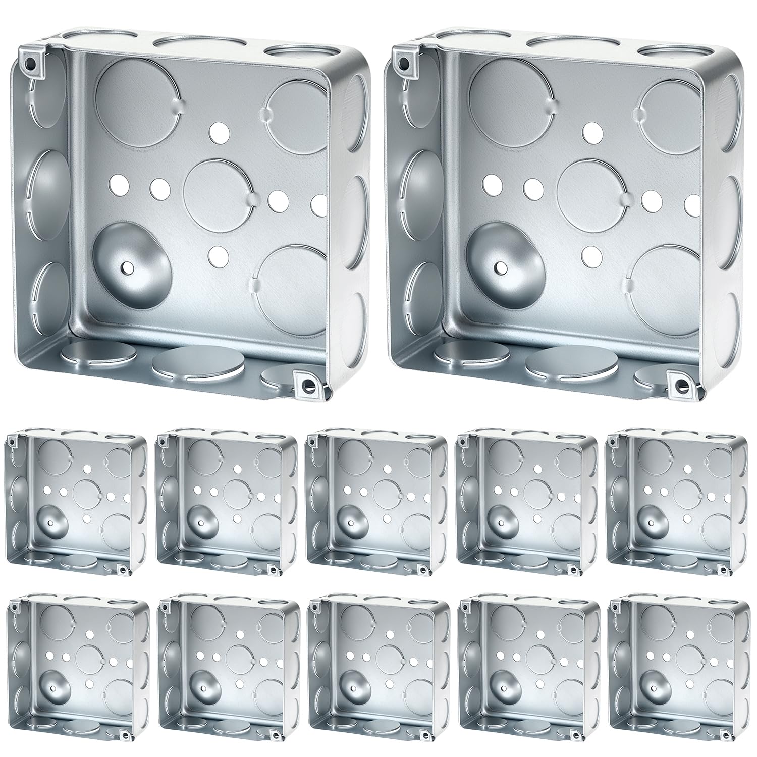 QWORK 4" Square Electrical Box, 12-Pack Galvanized Metal, 21 Cu. in. Capacity, Knockouts 1/2" & 3/4", Electrical Junction Box