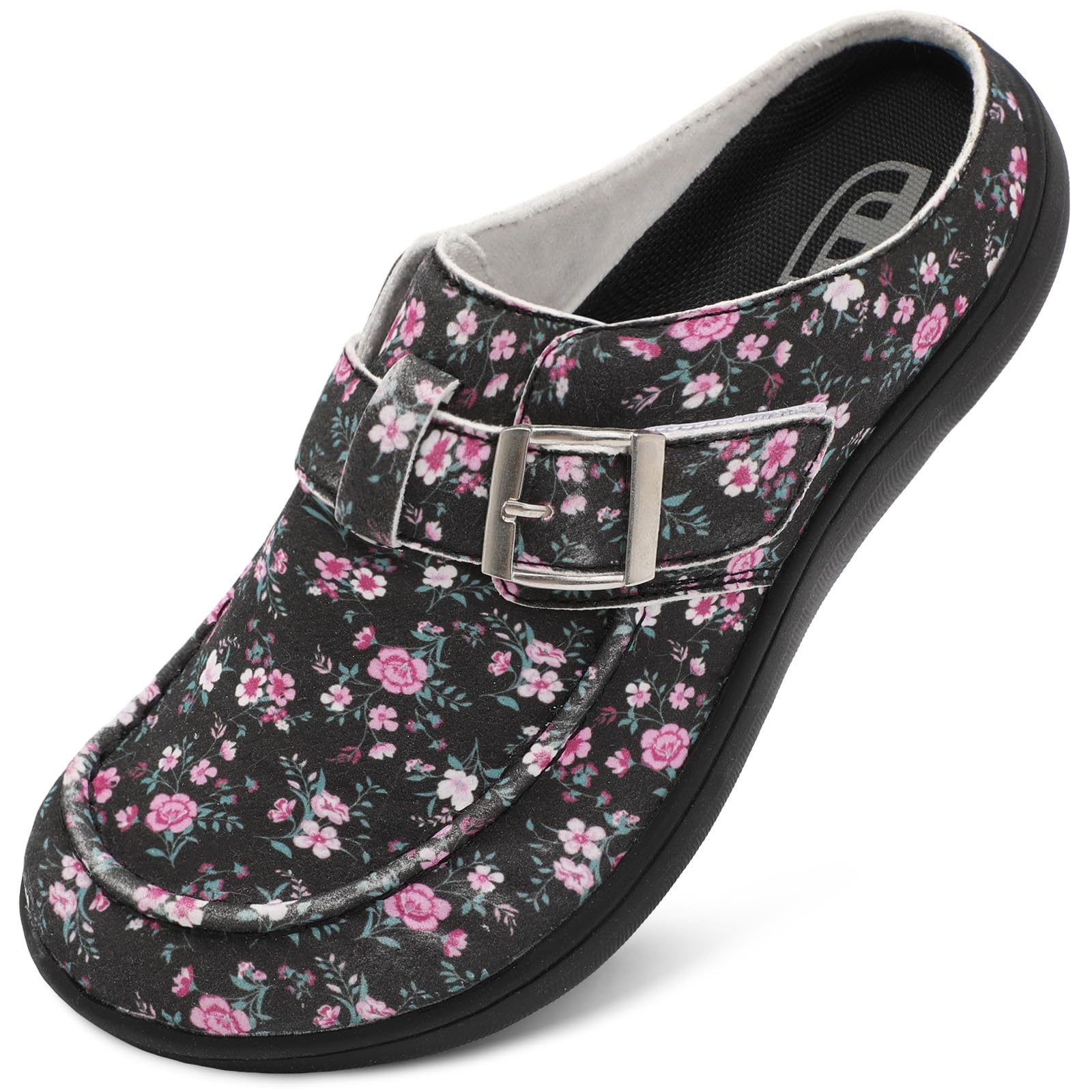 JOINFREE Womens Wide Suede Clogs Zero Drop Potato Shoes Diabetic Mules for Swollen Edema Comfort Slip on Clog Slippers with Adjuatable Buckle Indoor &