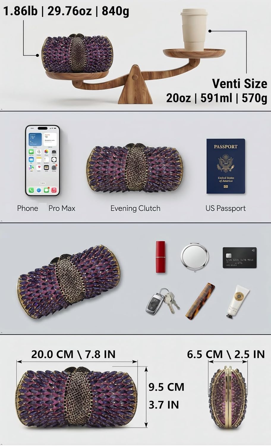 Boutique De FGG Mini Sparkly Crystal Clutch Purse for Women,Evening Bags with Spikes,Wedding Party Rhinestone Clutch Handbag
