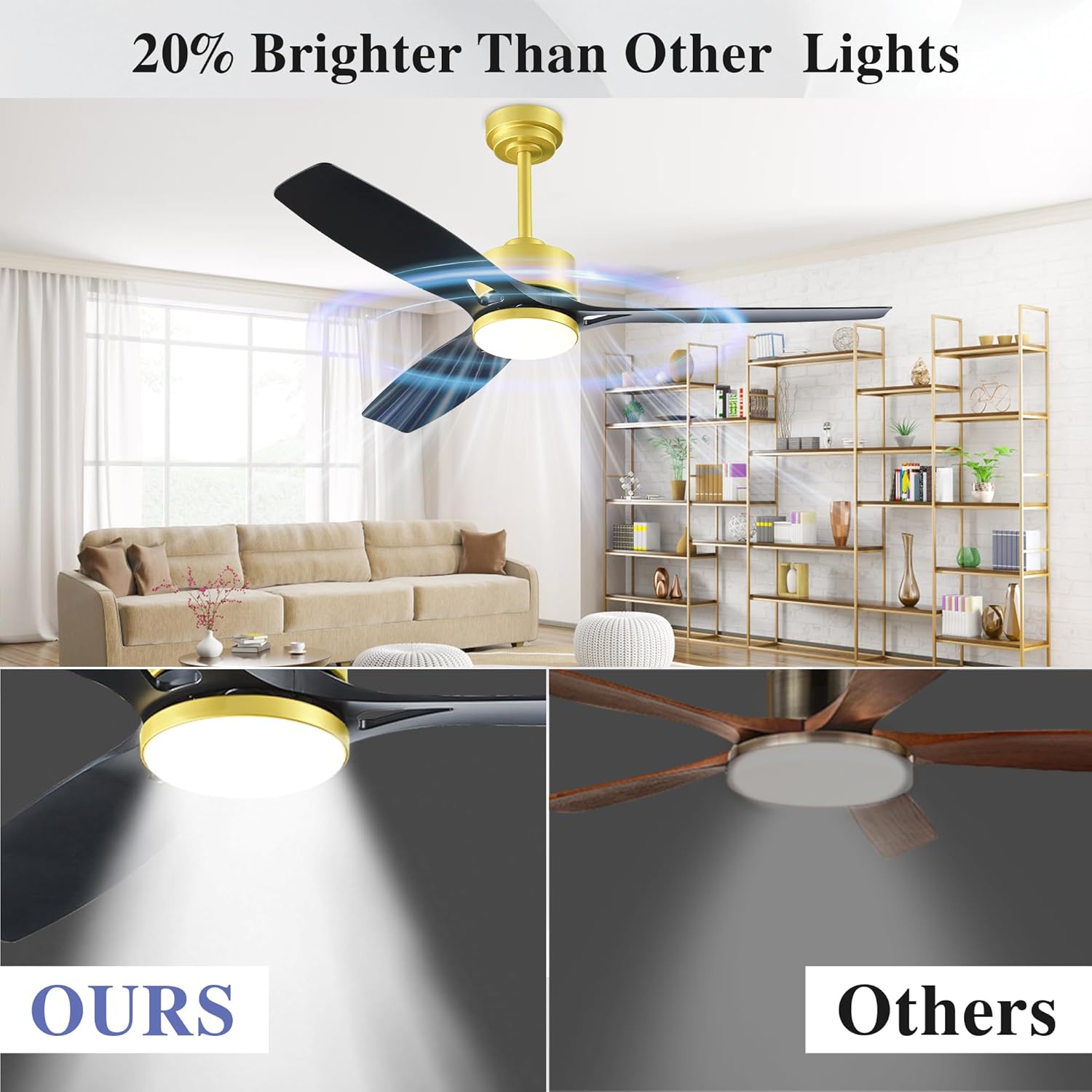Ceiling Fans with Lights and Remote - 52 Inch Smart App Control Modern Low Profile Fandelier - Flush Mount for Living Room, Bedroom, Farmhouse - 35w Led Lighting Bulb - Quiet DC Motor - Black Gold