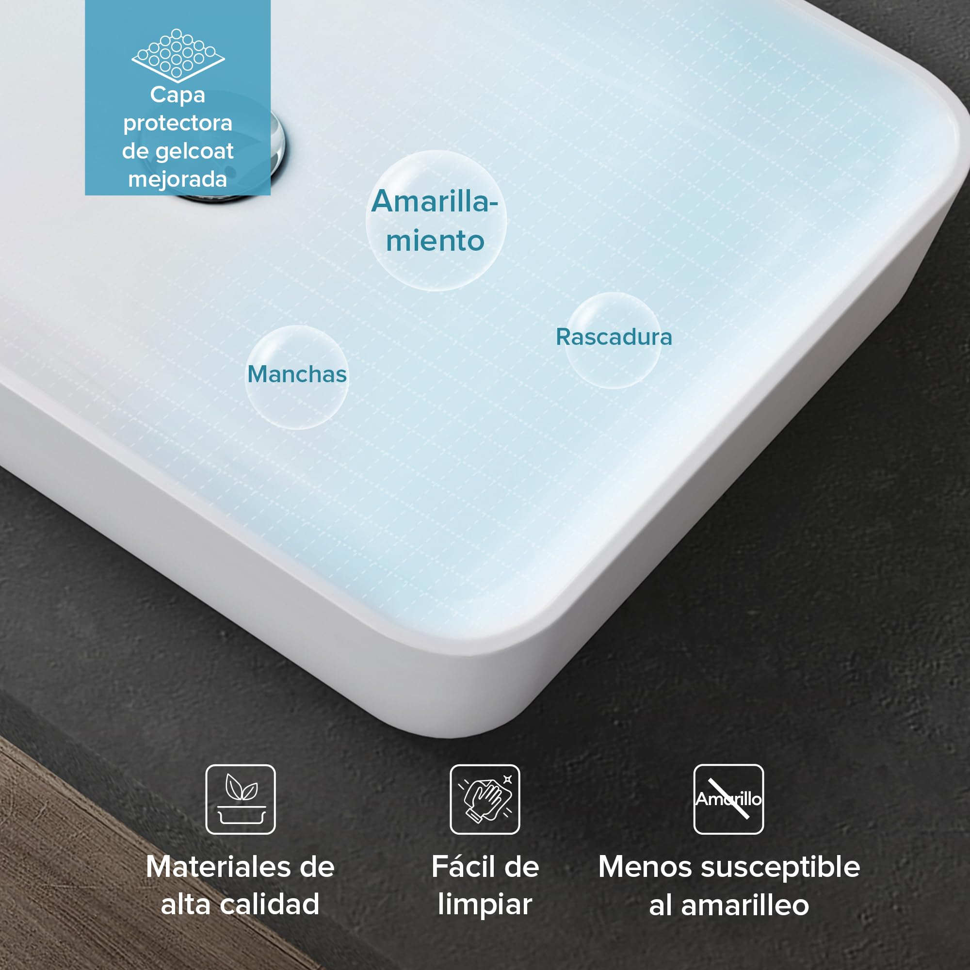 doporro Lavabo Sobre Encimera Rectangular 60x40x9 cm, Mármol Fundido Blanco Mate con Recubrimiento Nano, Conexión Estándar DIN, Colossum815