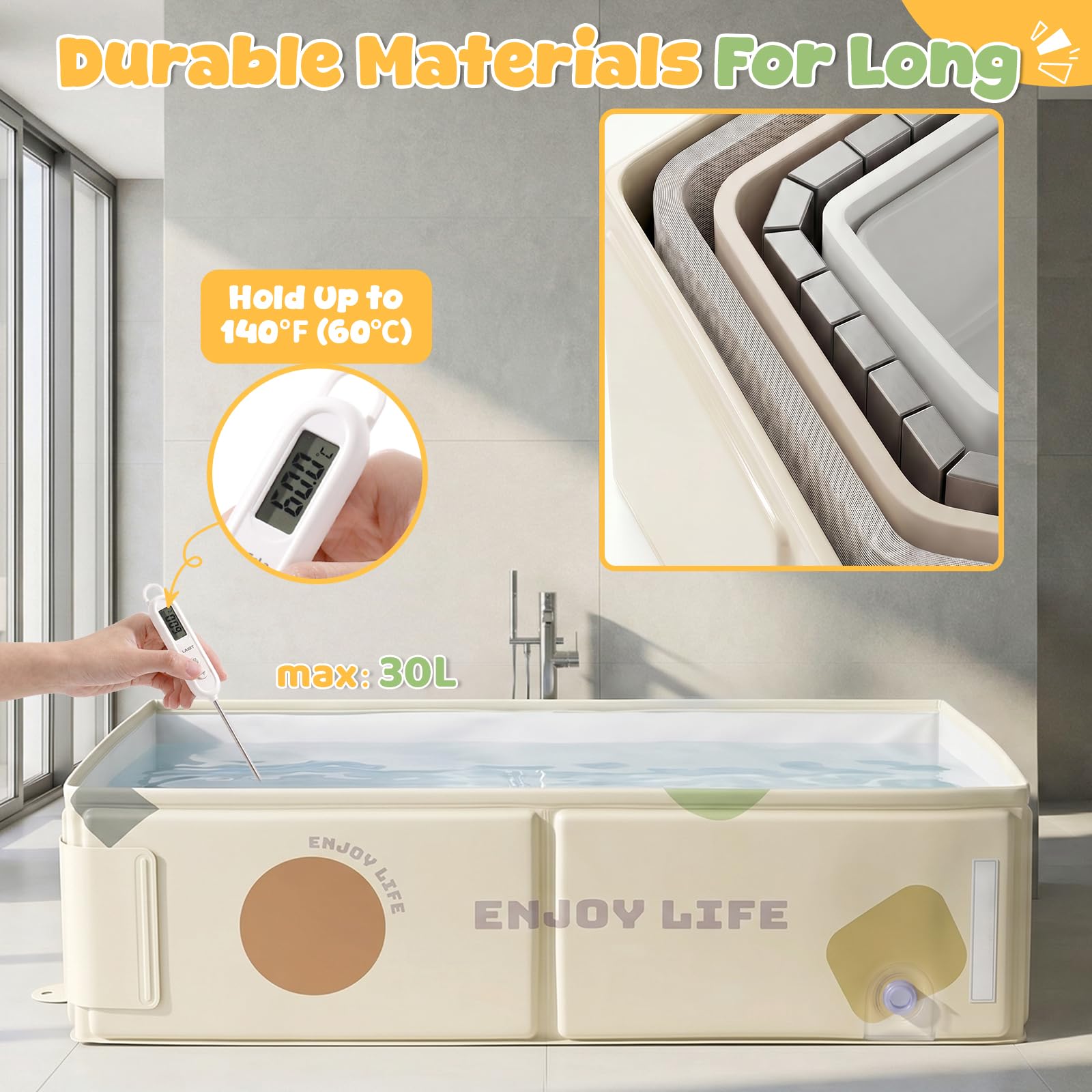 Orzbow Baignoire Pliable Bébé Portable avec étiquette de Température pour Enfants de 6 Mois+, Blanc