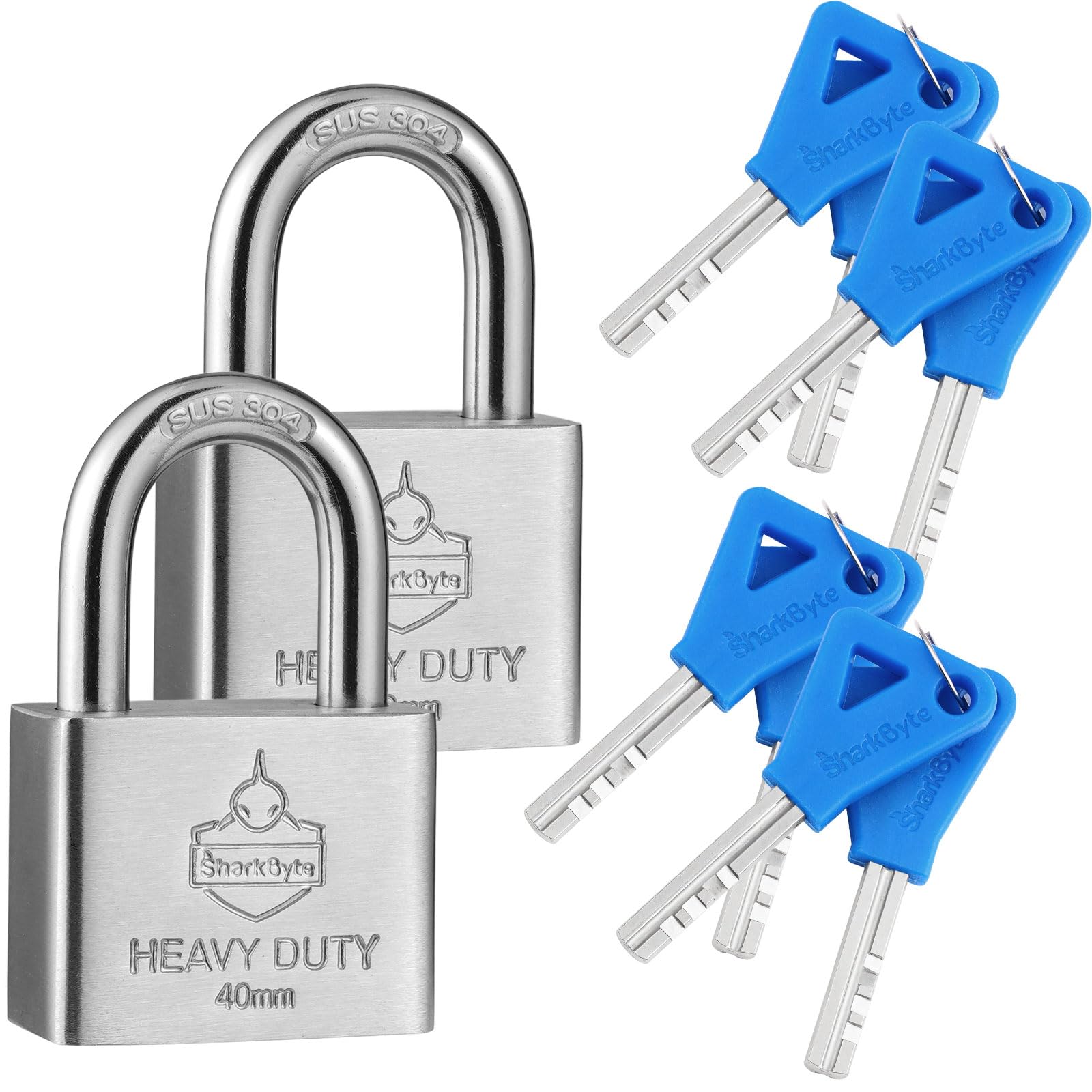 Sharkbyte 2 Pack [Never Rust] Heavy Duty Waterproof Outdoor Padlock with 4 Keys [40mm] 100% Stainless Steel Hardened Body & Mechanism, Weatherproof Lock, Anti-Corrosion for Locker, Shed, Garage, Gate