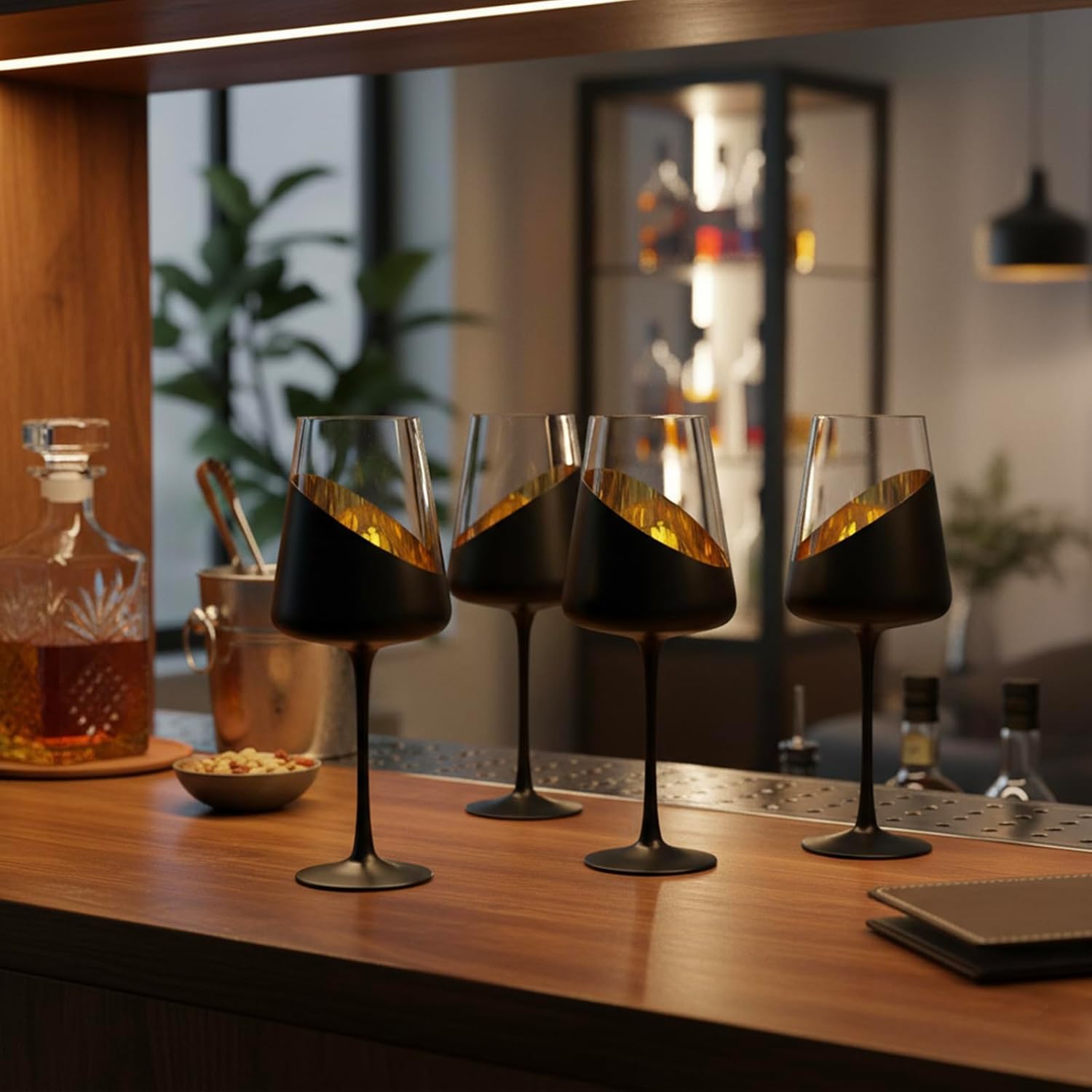 MyGift Black and Gold Wine Glasses, Set of 4 Tulip Champagne Glasses, 19 oz Stemmed Drinkware for Cocktails, Wine, Entertaining, Wedding, Gifts