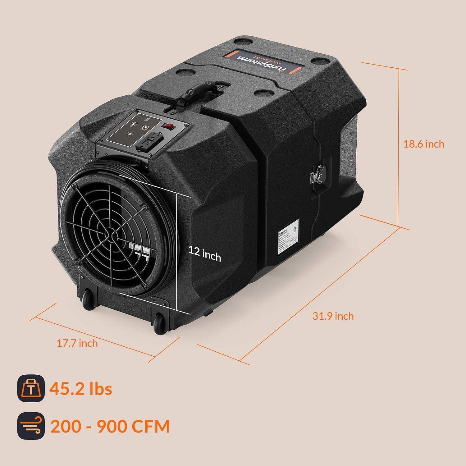 PURISYSTEMS 900 CFM Air Scrubber Commercial, Portable Industrial Air Purifier with HEPA/Activated Carbon Filter, 5-Speed, Stackable, GFCI Outlet, Negative Air Machine - Image 9