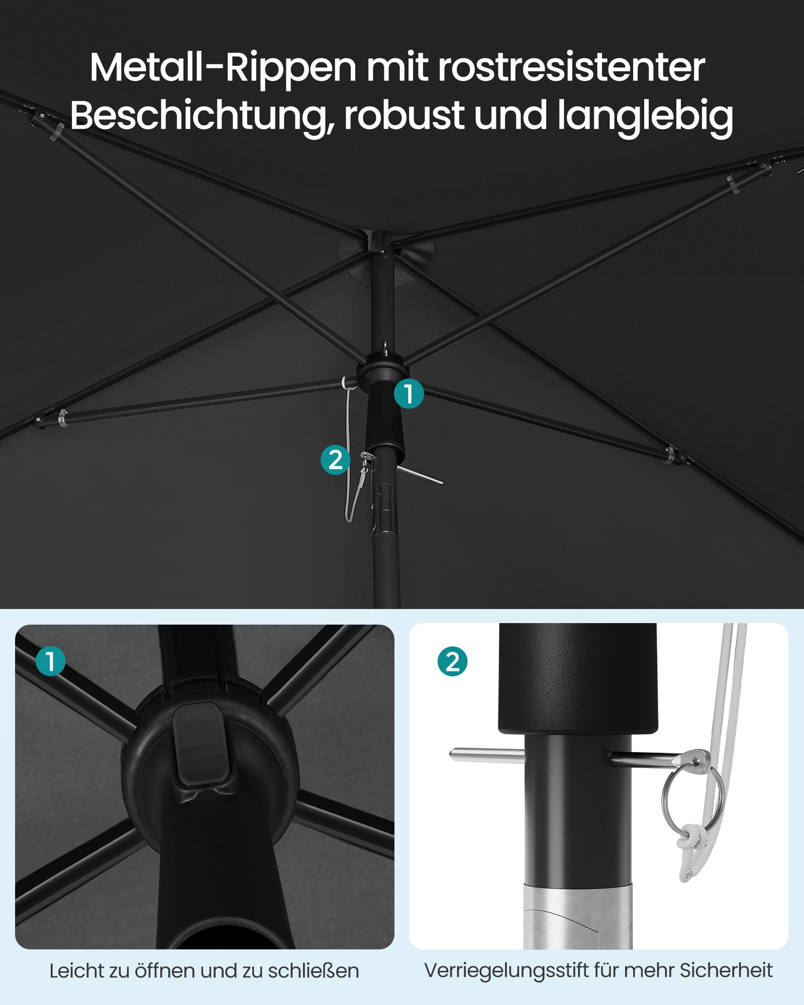 SONGMICS Sonnenschirm Balkon, 190 x 120 cm, Gartenschirm rechteckig, UPF 50+ Sonnenschutz, knickbar, Terrassenschirm, Outdoor Garten Terrasse Strand, Tragetasche, ohne Ständer, grau GPU024GZ01
