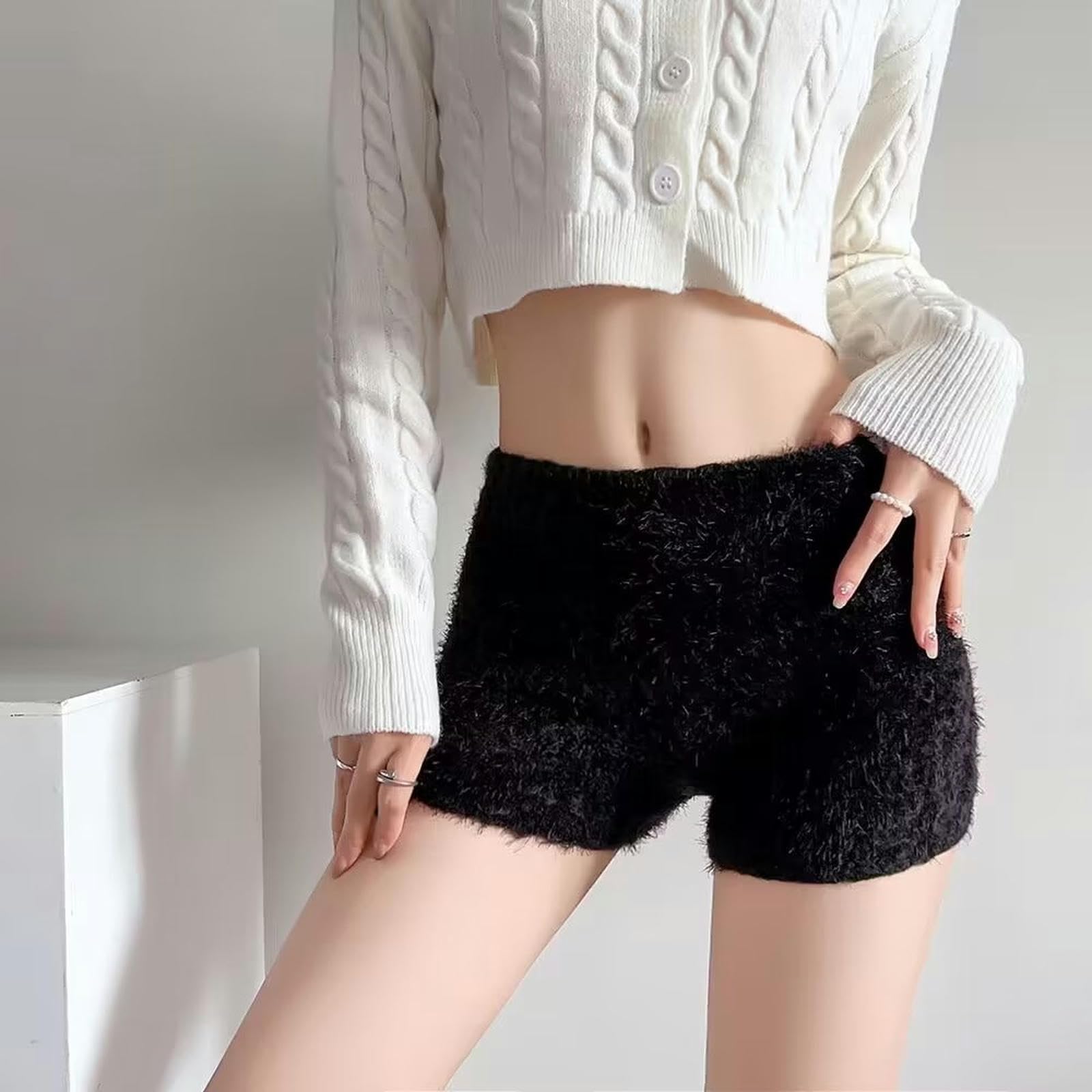 Furry Mohair Knitted Shorts Women's Autumn and Winter High Waist