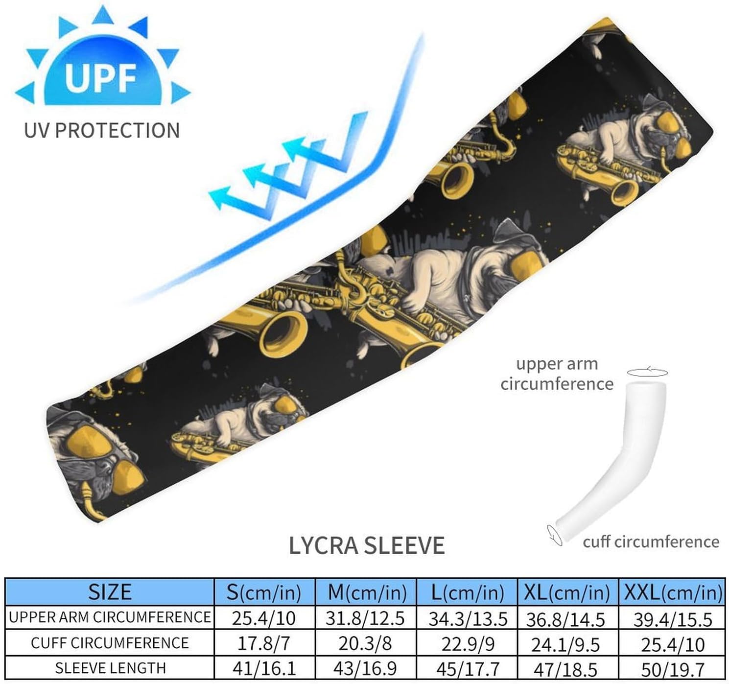 Saxophone Pug Dog Jazz Music Arm Sleeves Cooling Sun Protection Sports Compression for Golf Basketball