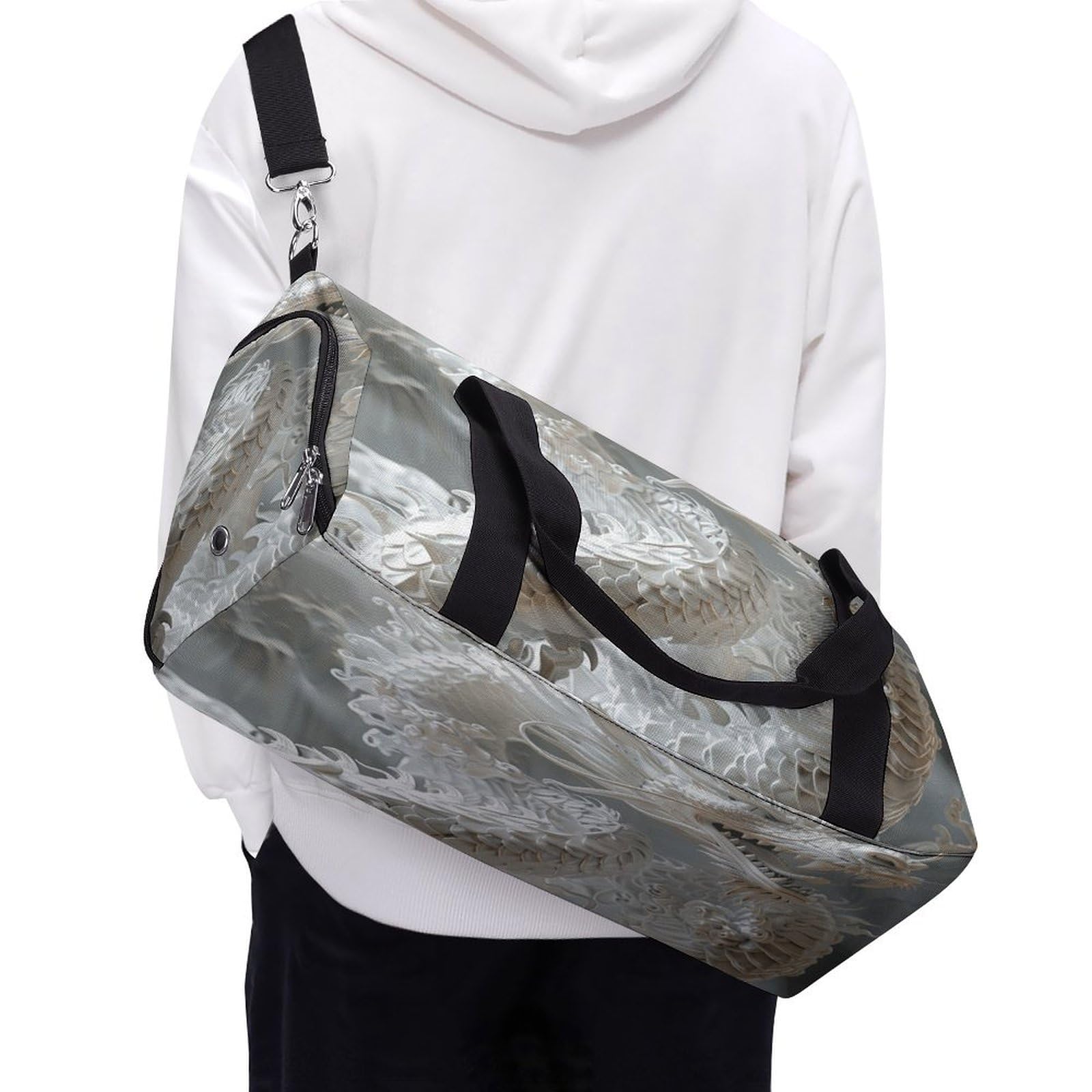 Turnbeutel für Damen und Herren, weißer Drachen-Stil, wiederverwendbar, Turnbeutel mit Schuhfach, Stil, Einheitsgröße, modern, Stil:, Einheitsgröße, Modern