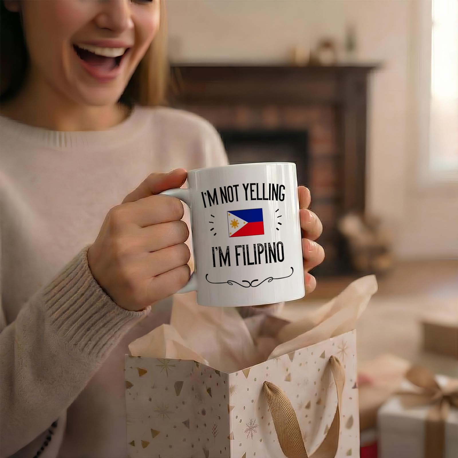 Casitika Philippines Pride Souvenir and Gifts. I'm Not Yelling I'm Filipino 11 Ounce Coffee Mug. Gift Idea for Proud Wife, Husband, Friend or Coworker Featuring the Country Flag. (White)