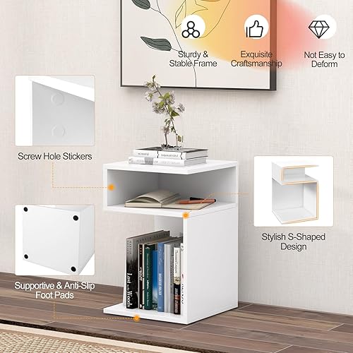 Miniatura 7 de Tangkula Mesa auxiliar en forma de S, mesa auxiliar de madera de 3 niveles con estantes de almacenamiento abiertos, almohadillas antideslizantes