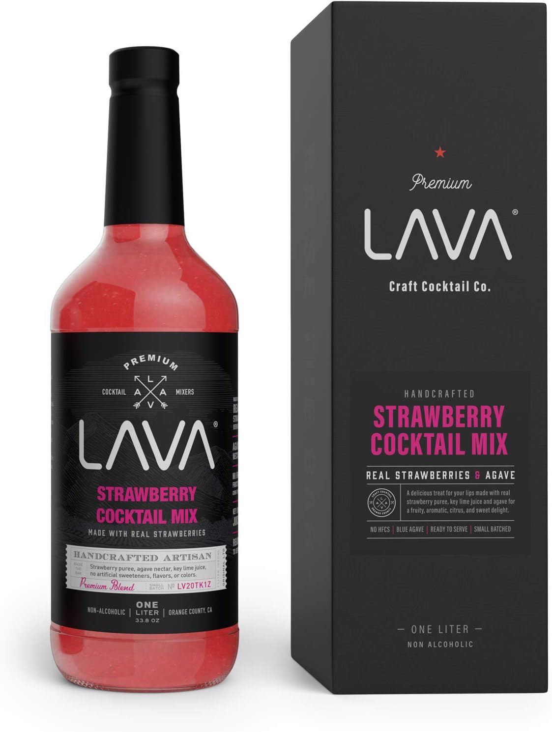 LAVA Premium Strawberry Margarita Mix Strawberry Daiquiri Mix, Made with Real Strawberries, Agave, Key Lime, No Artificial Sweeteners, Lots of Flavor, Ready to Use, 1-Liter (33.8oz) Glass Bottle