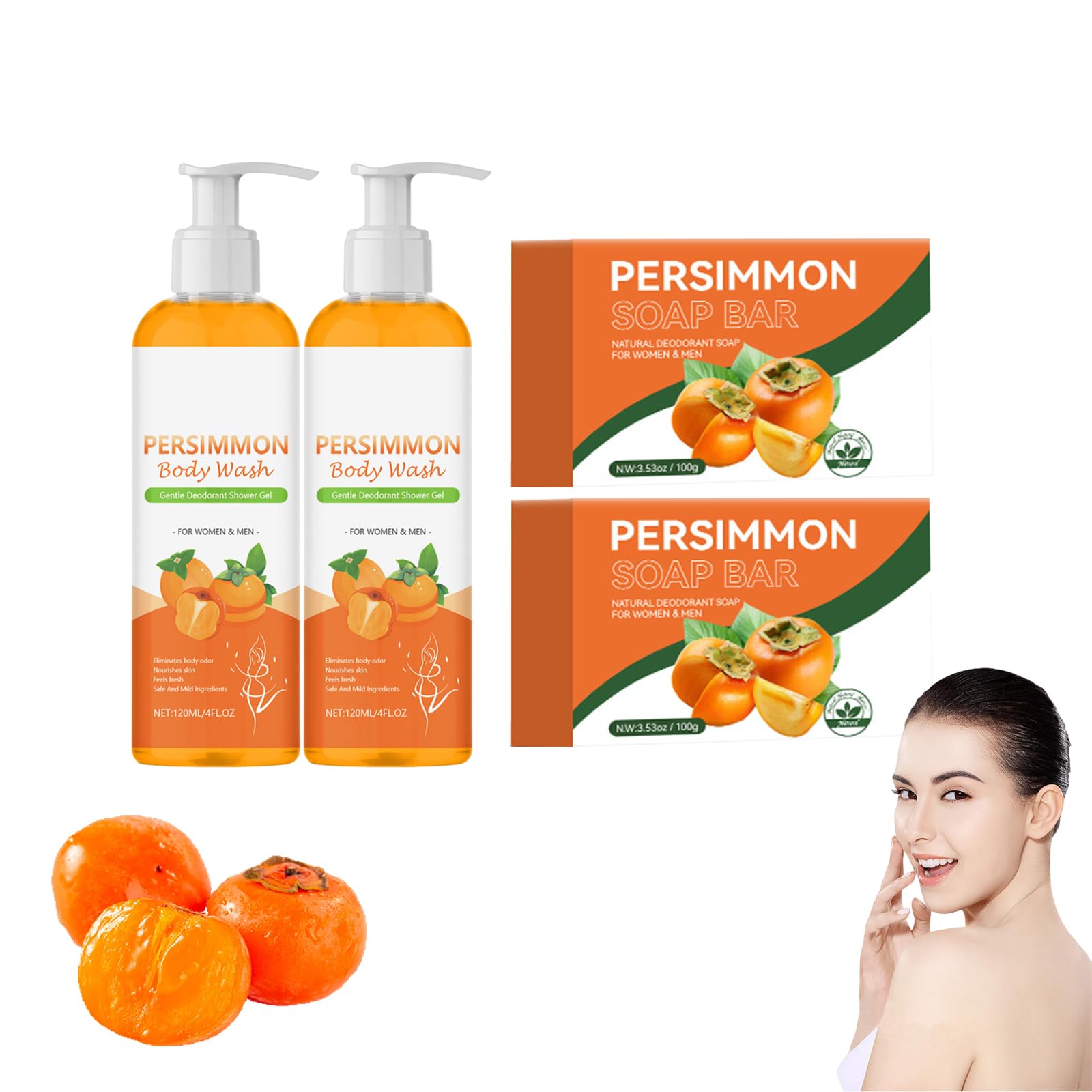Zestaw mydła i żelu pod prysznic Persimmon – naturalny dezodorant w kostce neutralizujący zapach ciała, odświeżający żel do mycia ciała dla mężczyzn i kobiet, do codziennego użytku (4 szt)