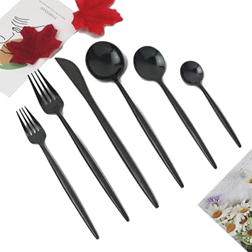JASHII 24 Pieces Cutlery Flatware Set 304 Stainless Steel Home Kitchen Set, Mirror Polished, Knife/Fork/Spoon, Modern Elegant Tableware Set for Party, Christmas, Dinner Black