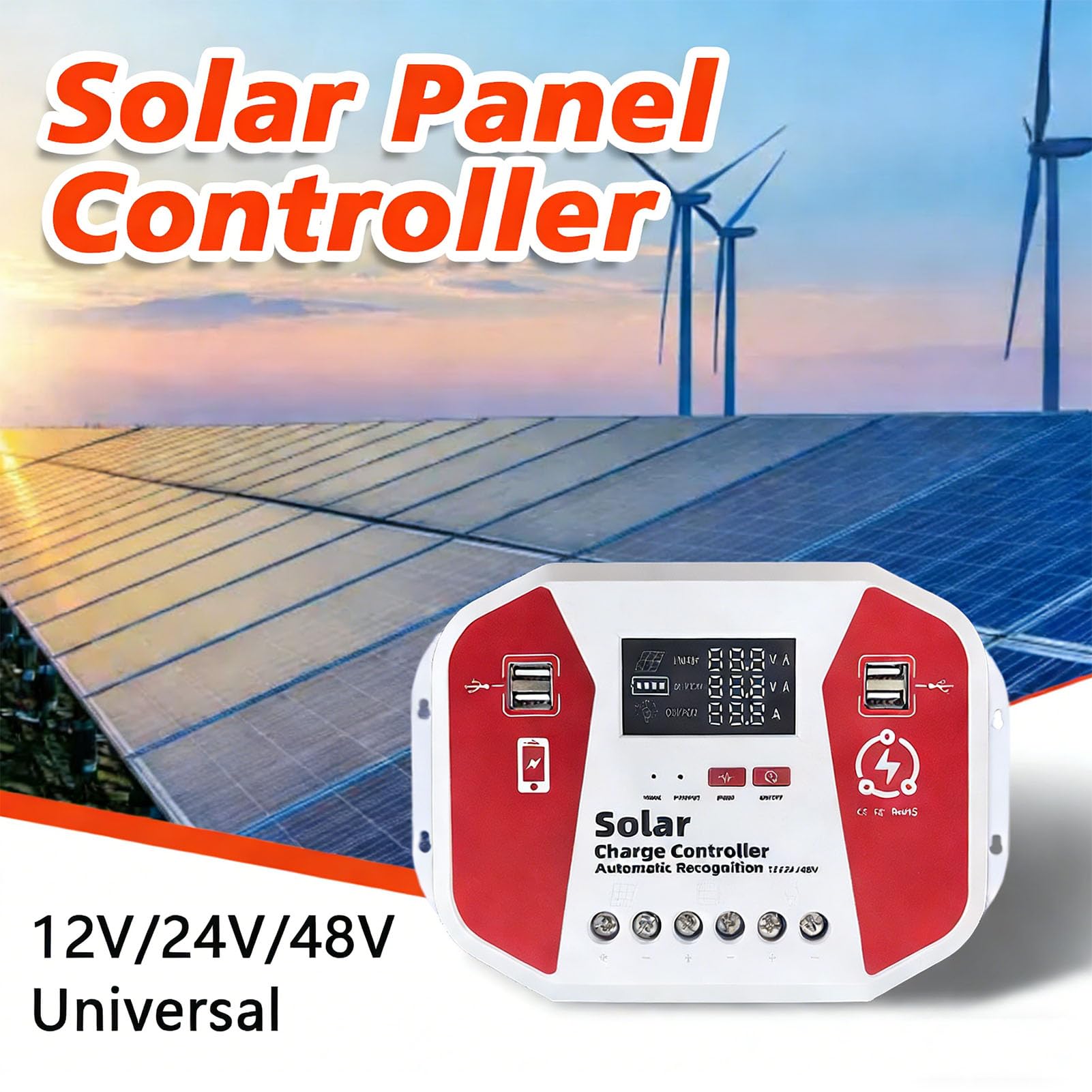 Asixxsix Regolatore di Carica Solare 100A, Display LCD con Rilevamento Automatico 12V 24V 36V 48V con Ricarica USB a 4 Porte, con Batterie Al Litio Gel AGM e Al Piombo