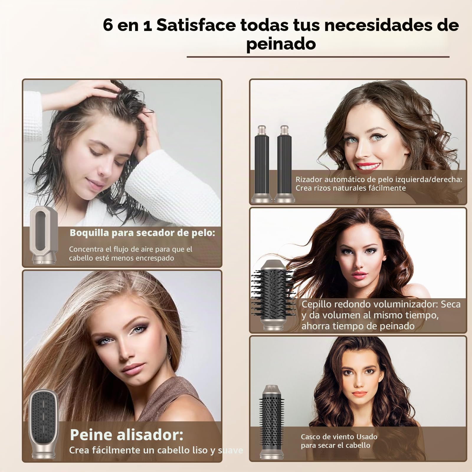 Cepillo Secador de Pelo 6 en 1, 1400W Cepillo De Aire Caliente Multifunción, Moldeador Pelo With Riza 3 Temperaturas, Tecnología Ion, Cepillo Alisador para Da Volumen, Alisa y Seca