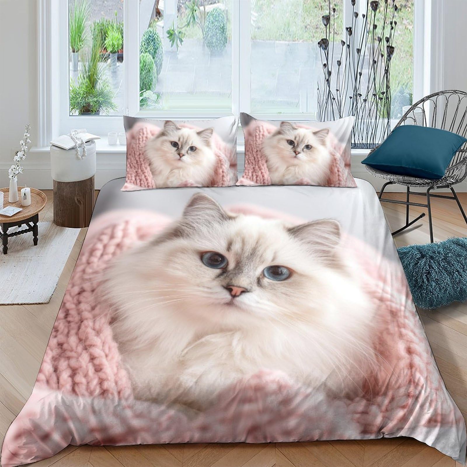 GPLZQXKJNH 3D Printed Fluffy Cat Duvet Cover Microfiber Soft Breathable Pink Blanket Quilt Cover Set with 2 Pillowcases for Bedroom Decor Single（135x200cm）