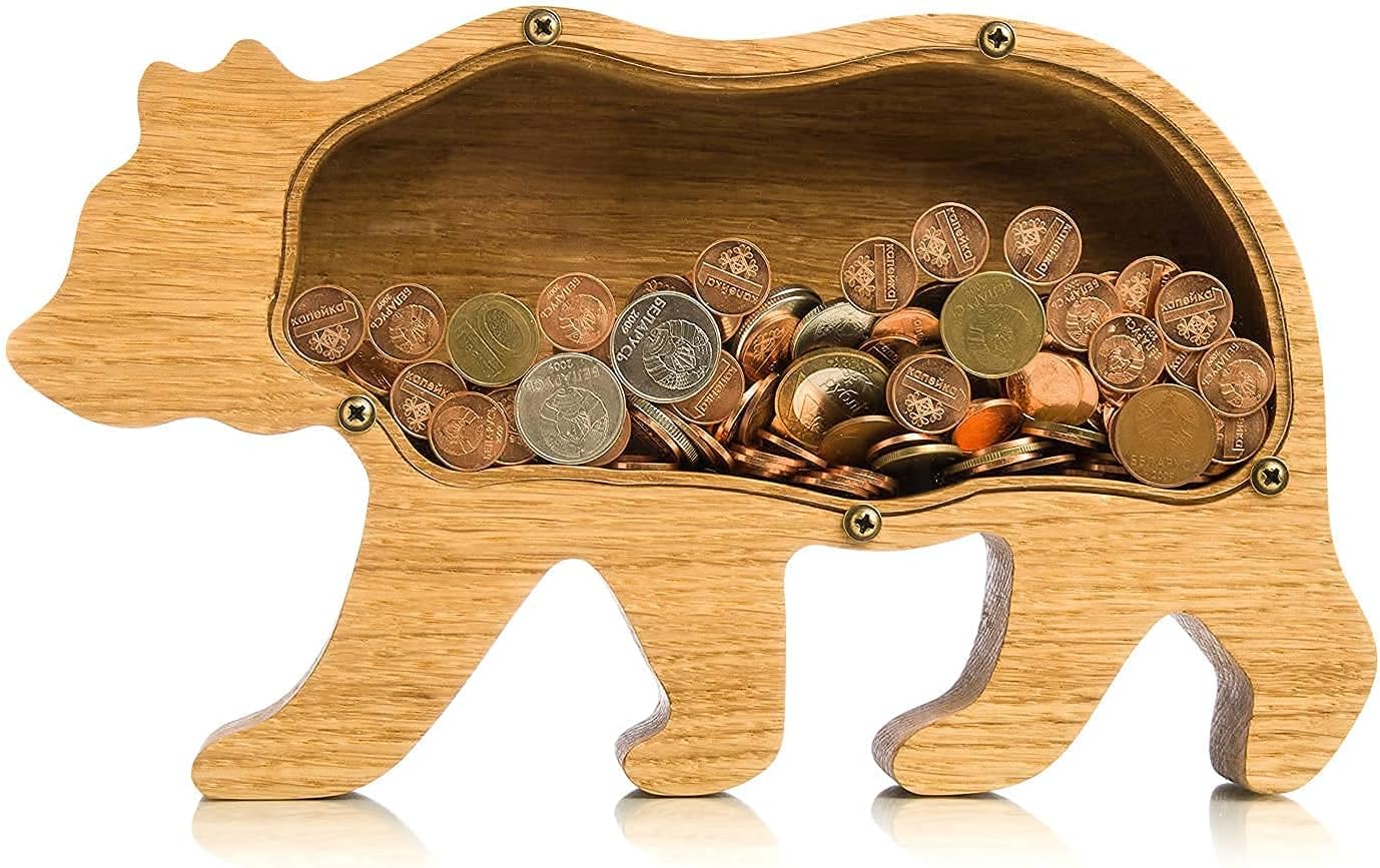 Grizzly Bear Piggy Bank for Boys and Girls - Expertly Handcrafted Wooden Money Saving Box - Durable Oak Wood with Transparent Plexiglass for Building Money Saving Habits (Standard)