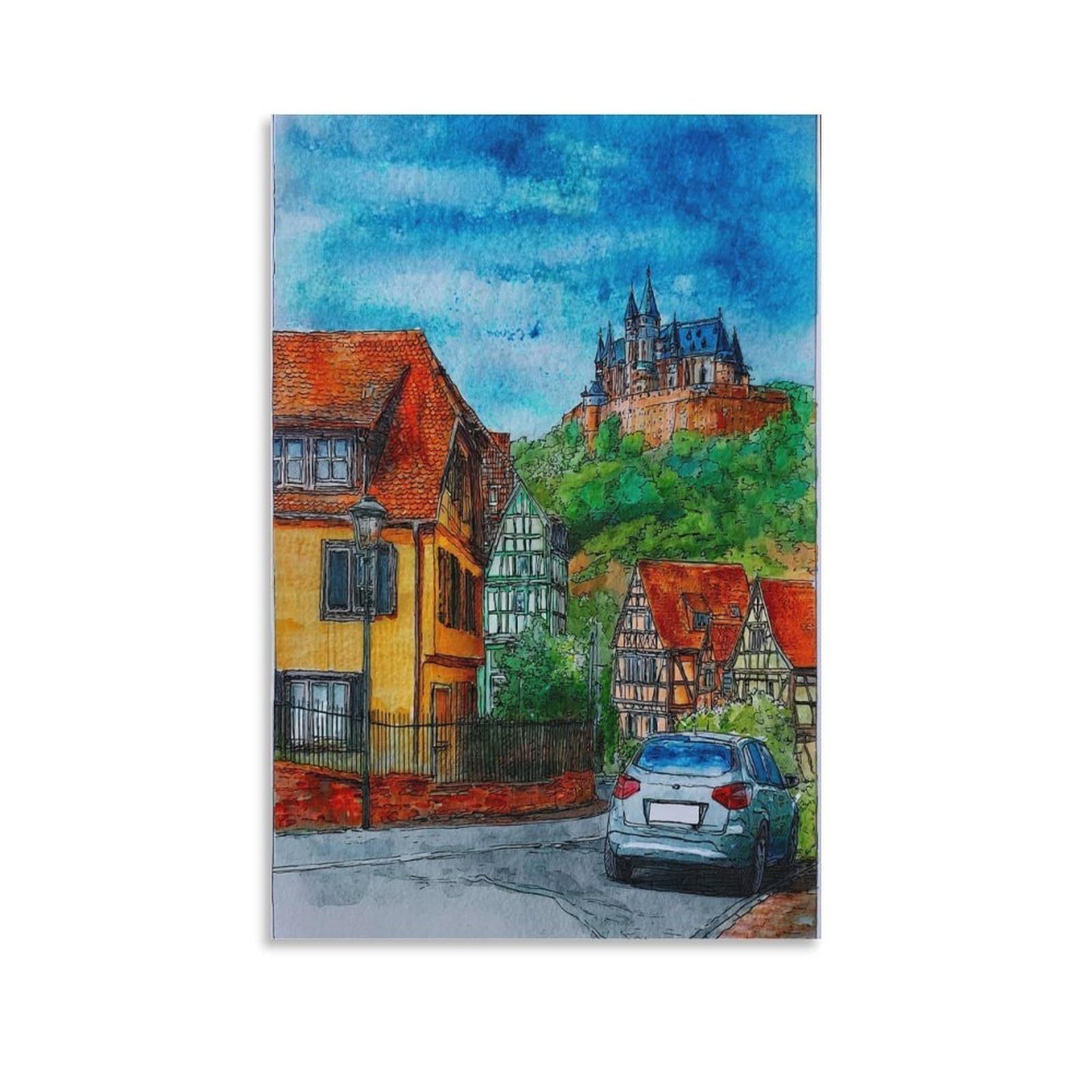 Lcynnh Unframe-Style Wernigerode Germany 24X36inch(60X90cm) Vintage Travel Poster Watercolor Canvas Art