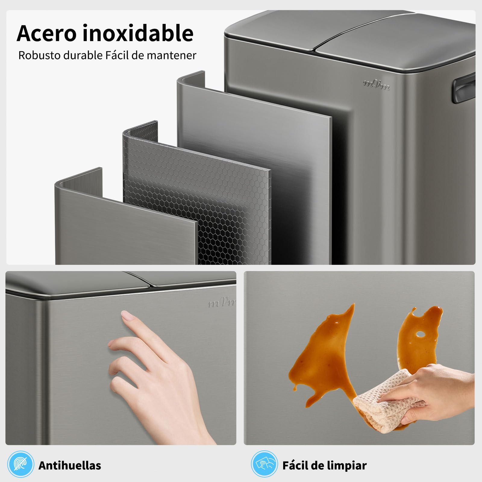 mVm Cubo de Basura Reciclable, Basurero de 60 L, 2 Compartimentos 2 x 30L con Pedal y Tapa de Cierre Suave, Papelera Moderna y Robusta, para Cocina, Salón, Gris