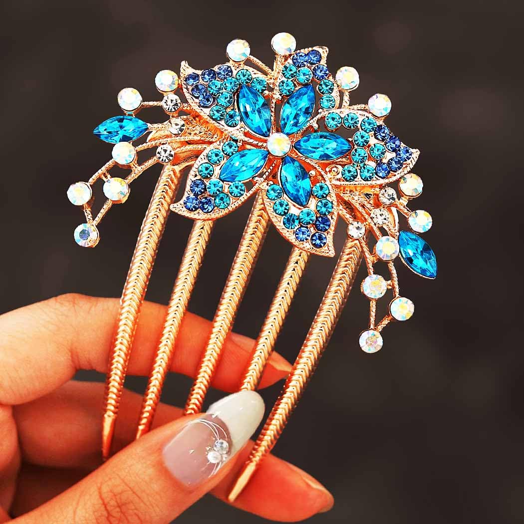 Jovono Rhinestone Bridal Hair Comb Gold Bride Wedding Flower Crystal Headpieces Vintage Hairpins for Women (Blue) - Image 2