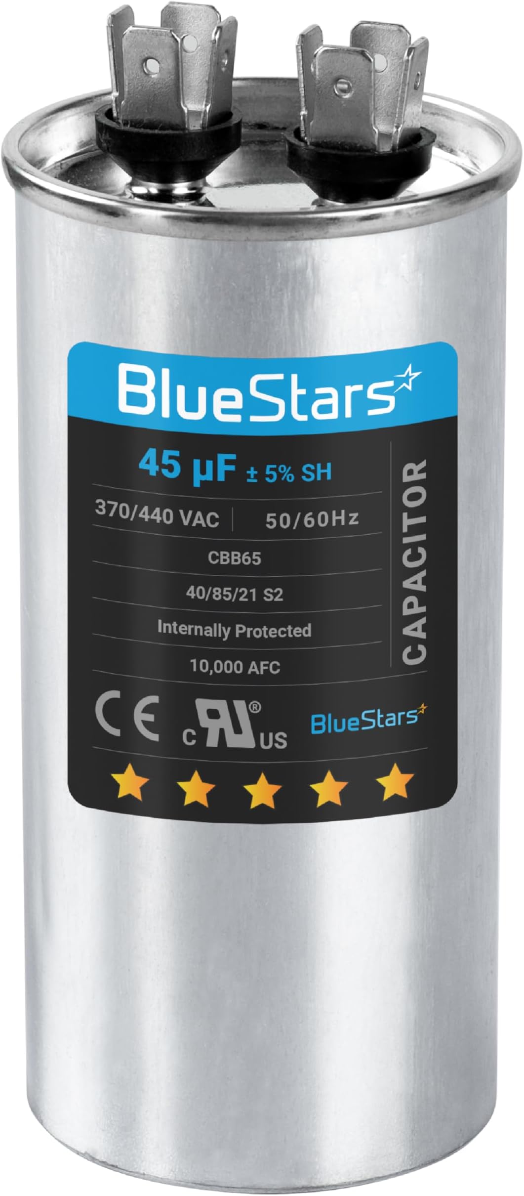 45 uF/MFD 370-440VAC Round Run Start Capacitor Replacement Part by Blue Stars - Exact Fit for AC Motor Run or Fan Start and Cool or Heat Pump Air Conditioner