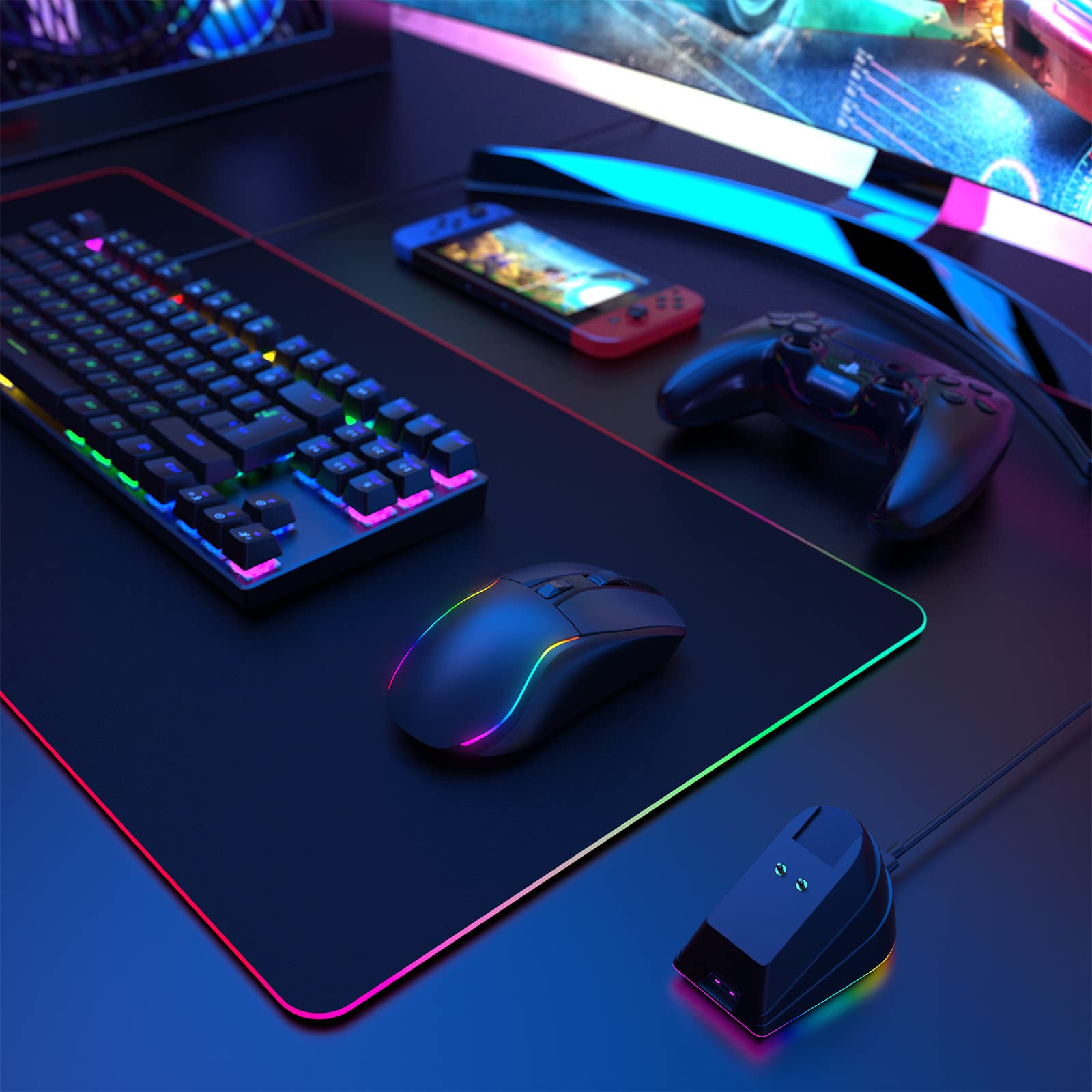 RisoPhy Kabellose Gaming-Maus mit magnetischer RGB-Ladestation, leichte Tri-Mode-Gaming-Maus, kabellos bis zu 20 KDPI, 300 IPS, 1000 Hz mit Chroma-RGB-Hintergrundbeleuchtung, Tasten vollständi
