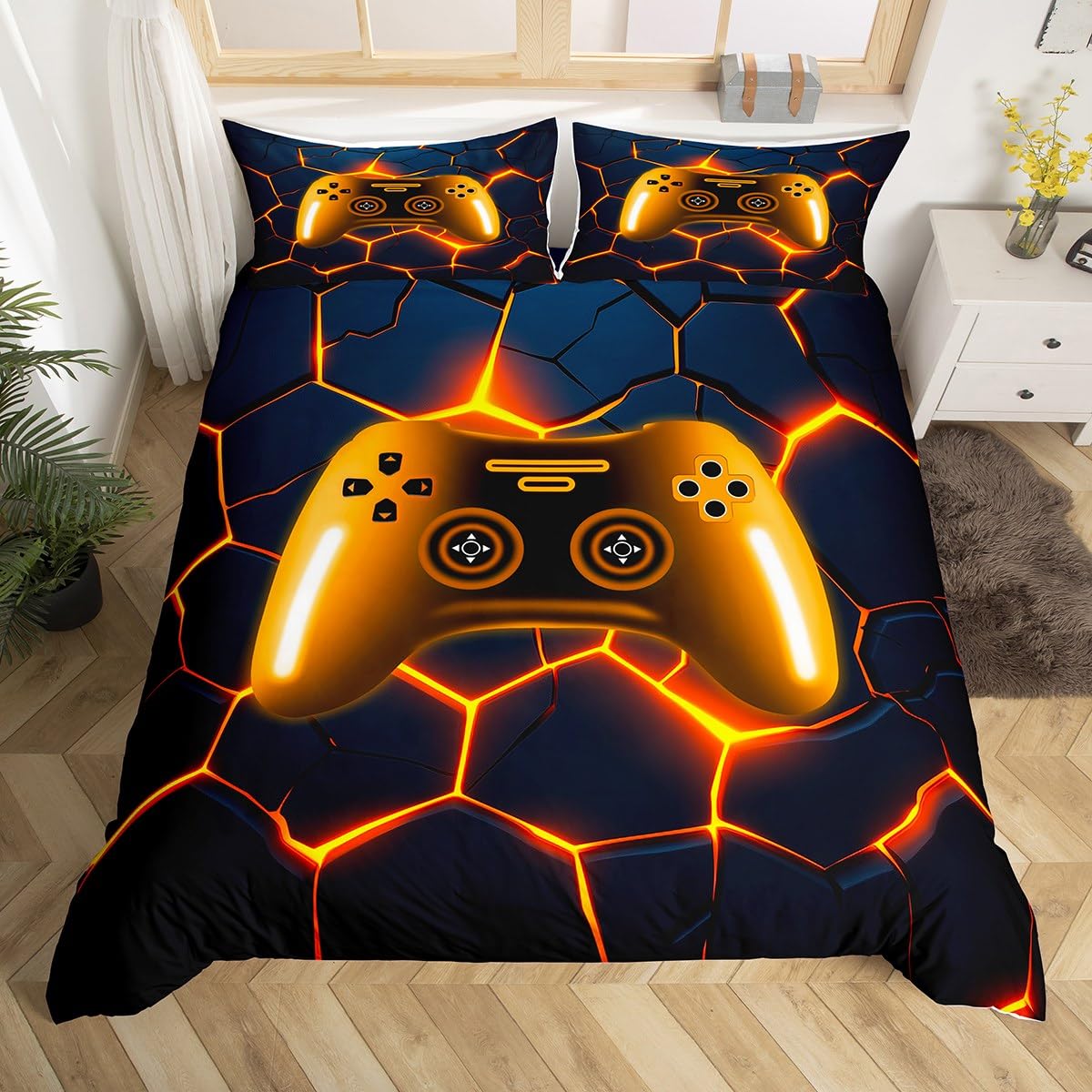Homewish Gamer Bettwäsche 155x220cm Jungen Gaming Bettbezug für Kinder Teenager,Waben Geometrisches Gamepad Bettwäscheset Gold Dunkelblau Sechseck Videospiel Bettset Spiele-Enthusiast Raumdekor