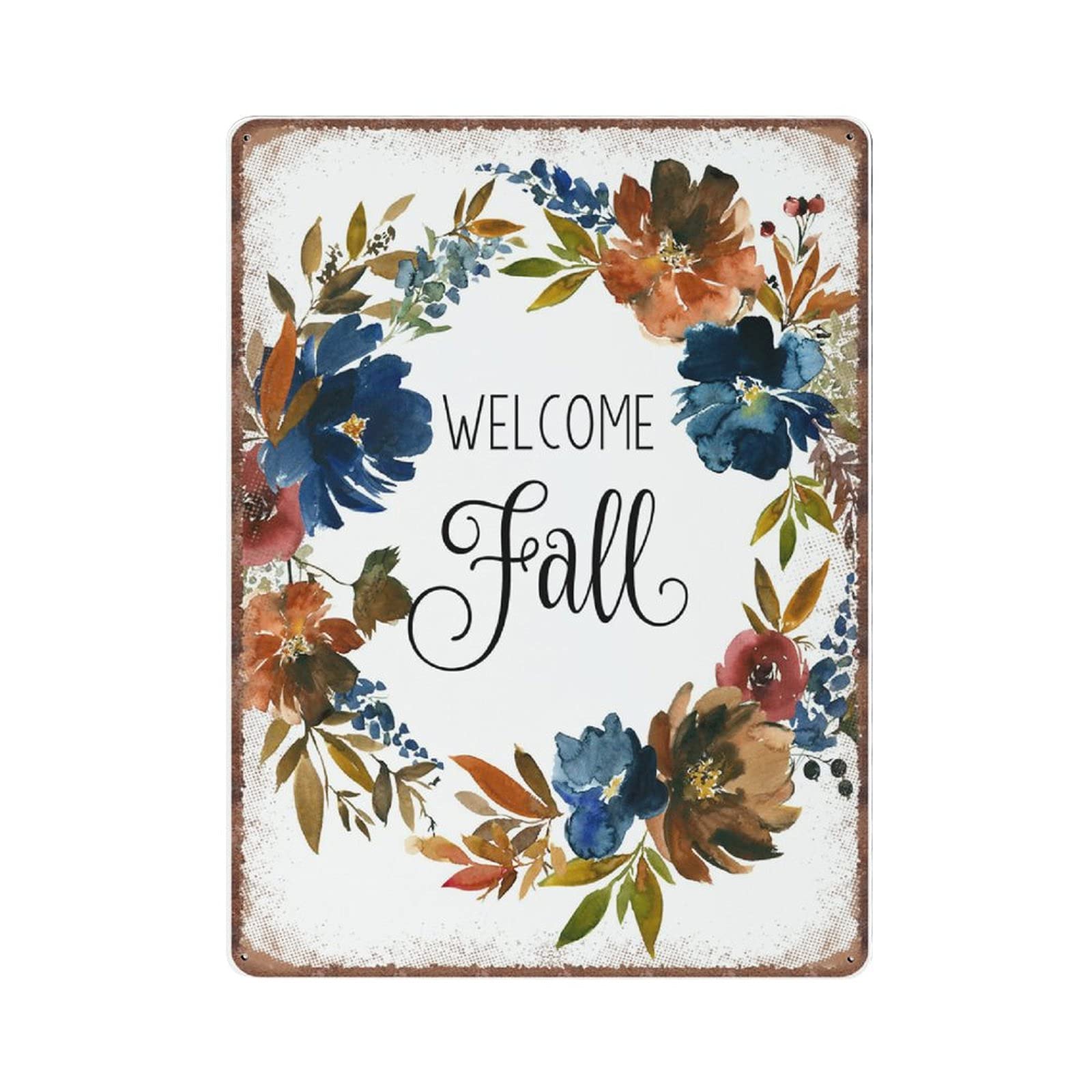 rayprint Welcome Fall Printable Wall Art Floral Wreath Sign Welcome Seasonal Decor Blue Rust Autumn DecorationVintage Poster Metal Tin Signs IronFunny Retro Wall Art Sign, 30X40cm