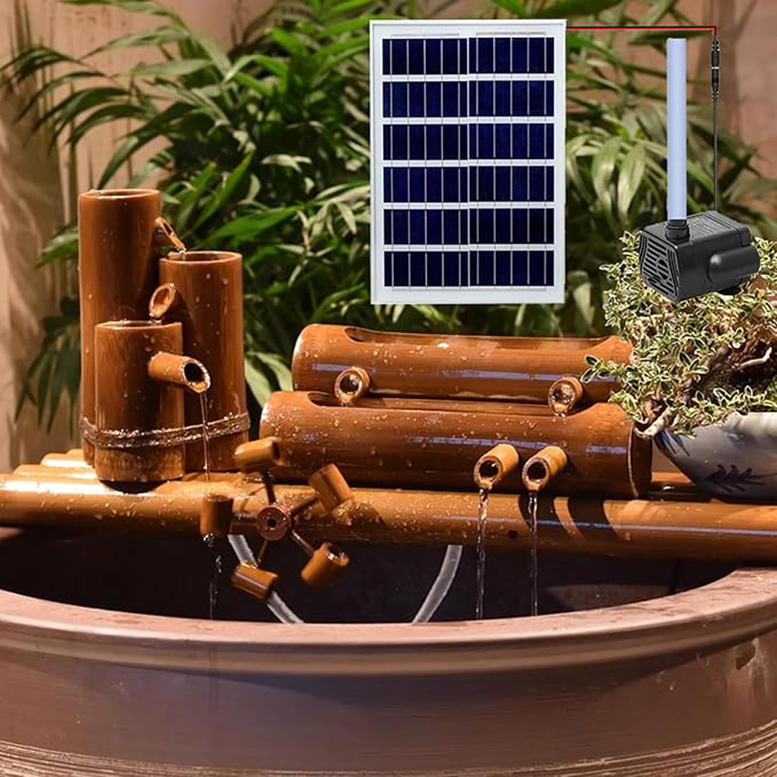 asdchZen Bamboo Fountain Kit, Solar Powered Water Fountain With Pump, Indoor Or Outdoor Zen Fountain, Flowing Water View, For Pond, Stone Trough, Lawn, Garden, Backyard, 16In
