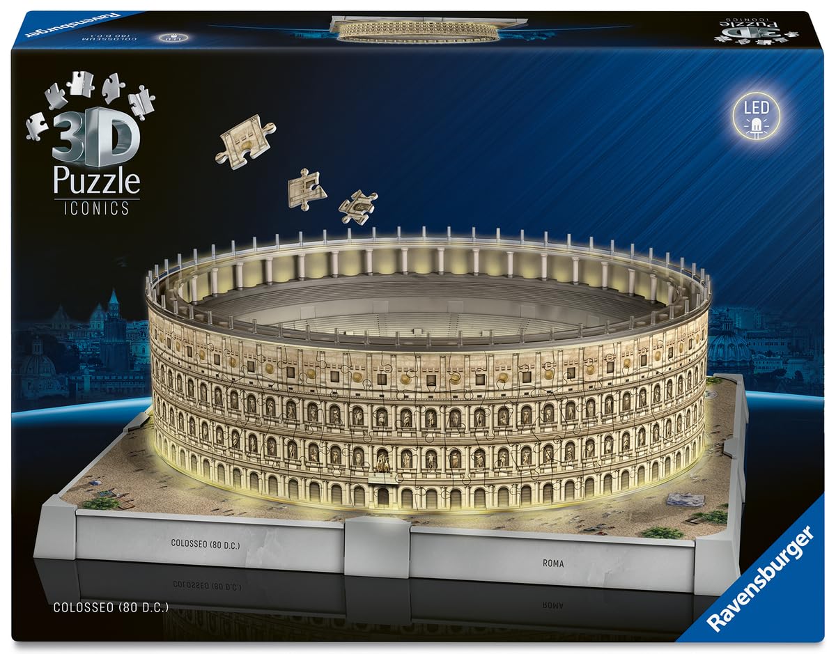 Ravensburger - Puzzle 3D Colisée Lumineux - Monument à Construire sans Colle - 216 Pièces - Socle LED Multicolore - Dès 10 Ans - Lampe Déco - 12008034