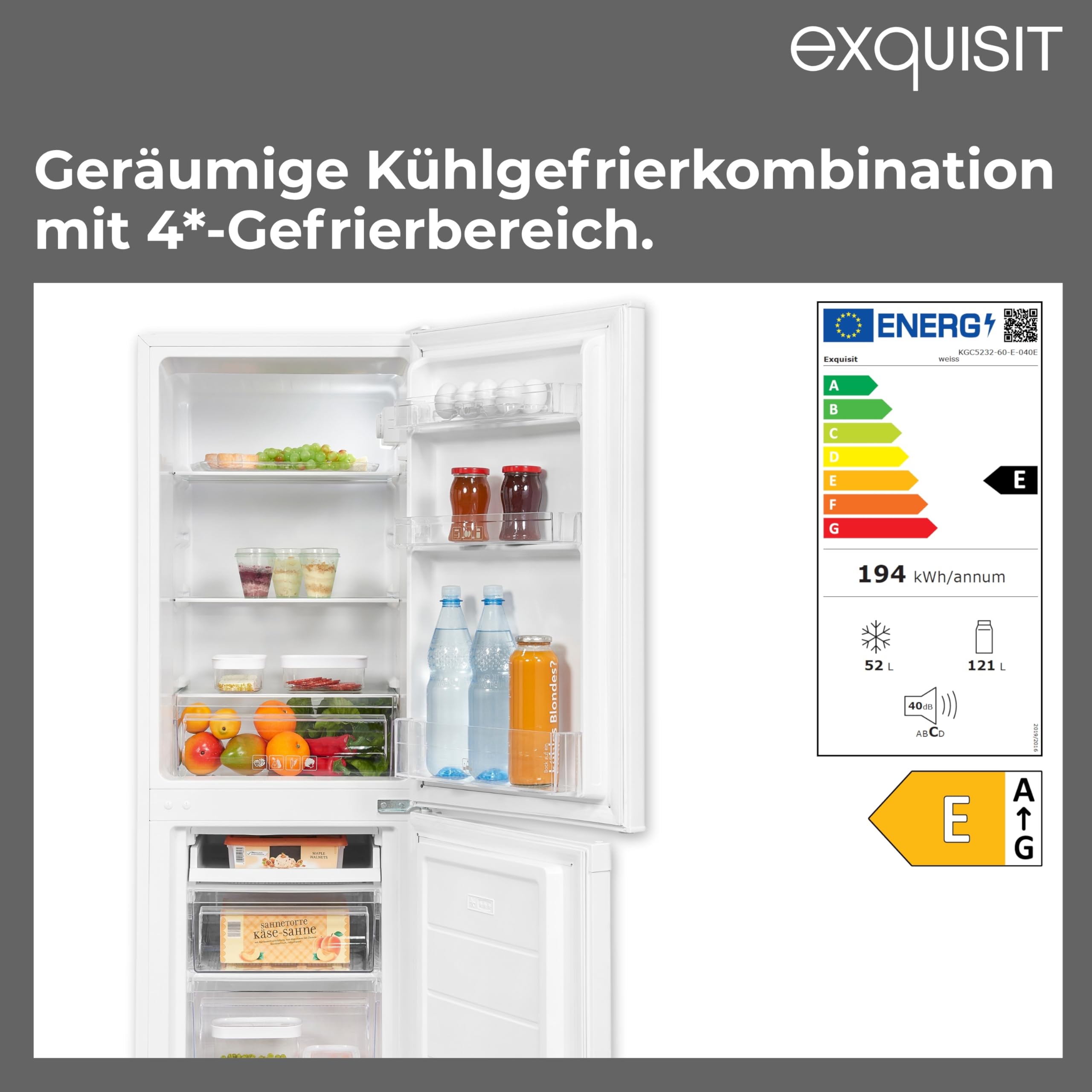 Exquisit frigorifero e congelatore KGC5232-60-E-040E bianco | capacità utile 173 l | funzione allarme | congelamento a 4 stelle | larghezza 50 cm