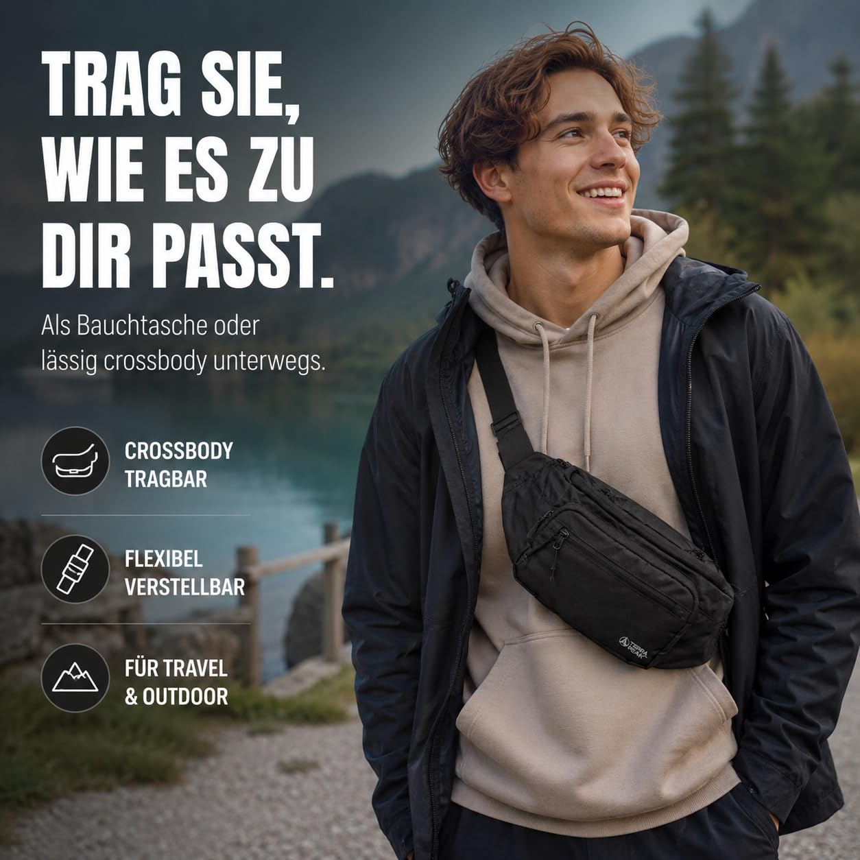 Terra Peak® Marsupio da 1,5 l, con scomparto geo-Tag – Marsupio da donna e uomo nero – Marsupio Hip Bag Fanny Pack Belt Bag Bag – Sport Escursioni Viaggi Festival, Crossbody, Imbottito