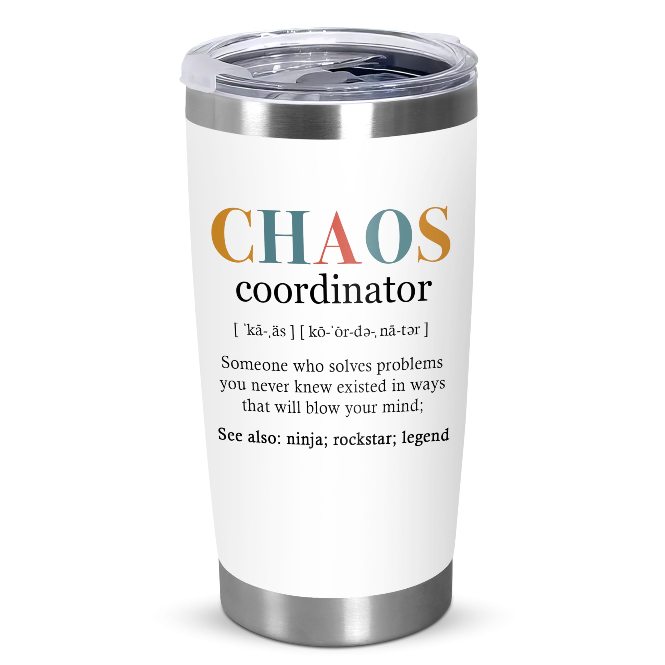 Thank You Gifts for Women - Chaos Coordinator 20 oz Stainless Steel Insulated Tumbler with Lid - Galentine Valentine Gifts for Friend, Employee Appreciation Gifts for Coworker Boss Teacher
