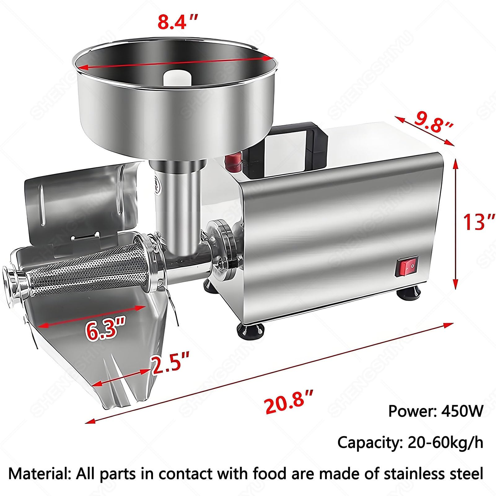 Passapomodoro Elettrico, Pressa Commerciale per Passapomodoro Da 450w | Resa 20‑60kg/H, Pressa per Frutta, Spremipomodoro, Salsa per Fragole, Filtro per Separare Sansa e Polpa di Frutta