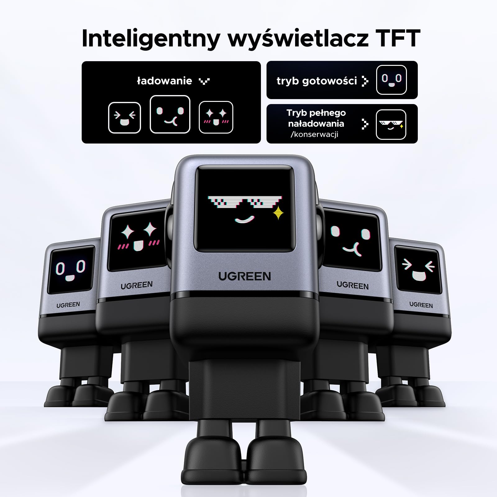 UGREEN UNO USB-C Ładowarka 100W z 4 portami, Robot ładujący, LED Display | ładowarka do laptopa, Stan naładowania za pomocą emoji, kompatybilna z MacBook Pro/Air, iPad, iPhone, Galaxy S26