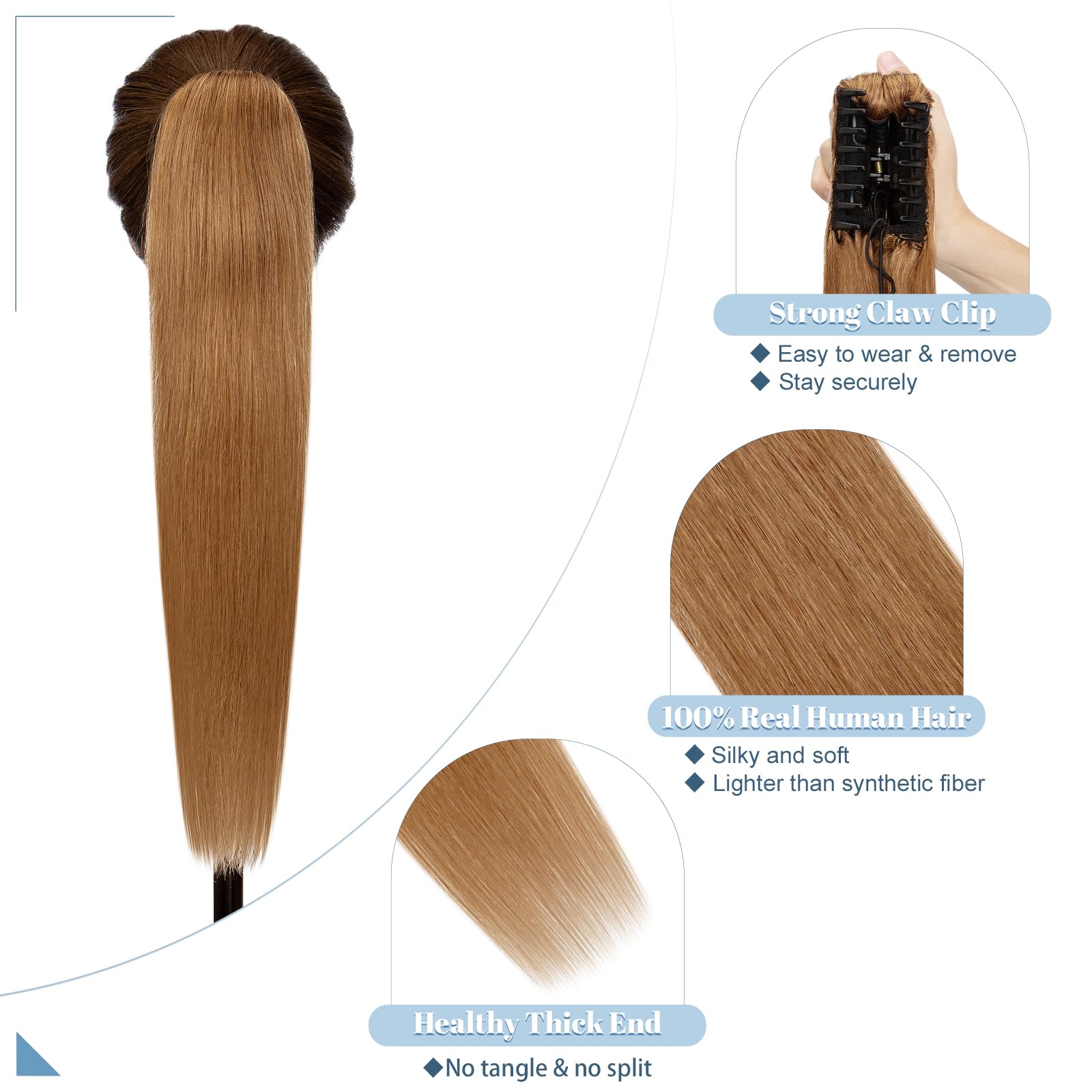 SEGO Coda Capelli Veri Clip Pinza Coda di Cavallo Ponytail Extensions Remy Human Hair Lisci Fascia Unica 40cm 105g - # Castano Chiaro
