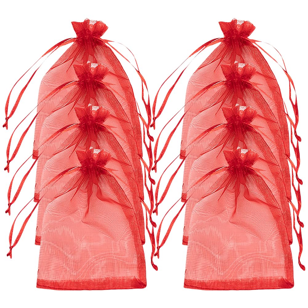 Bolsas de joyería de organza transparentes rojas con cordón para empaquetar regalos de malla
