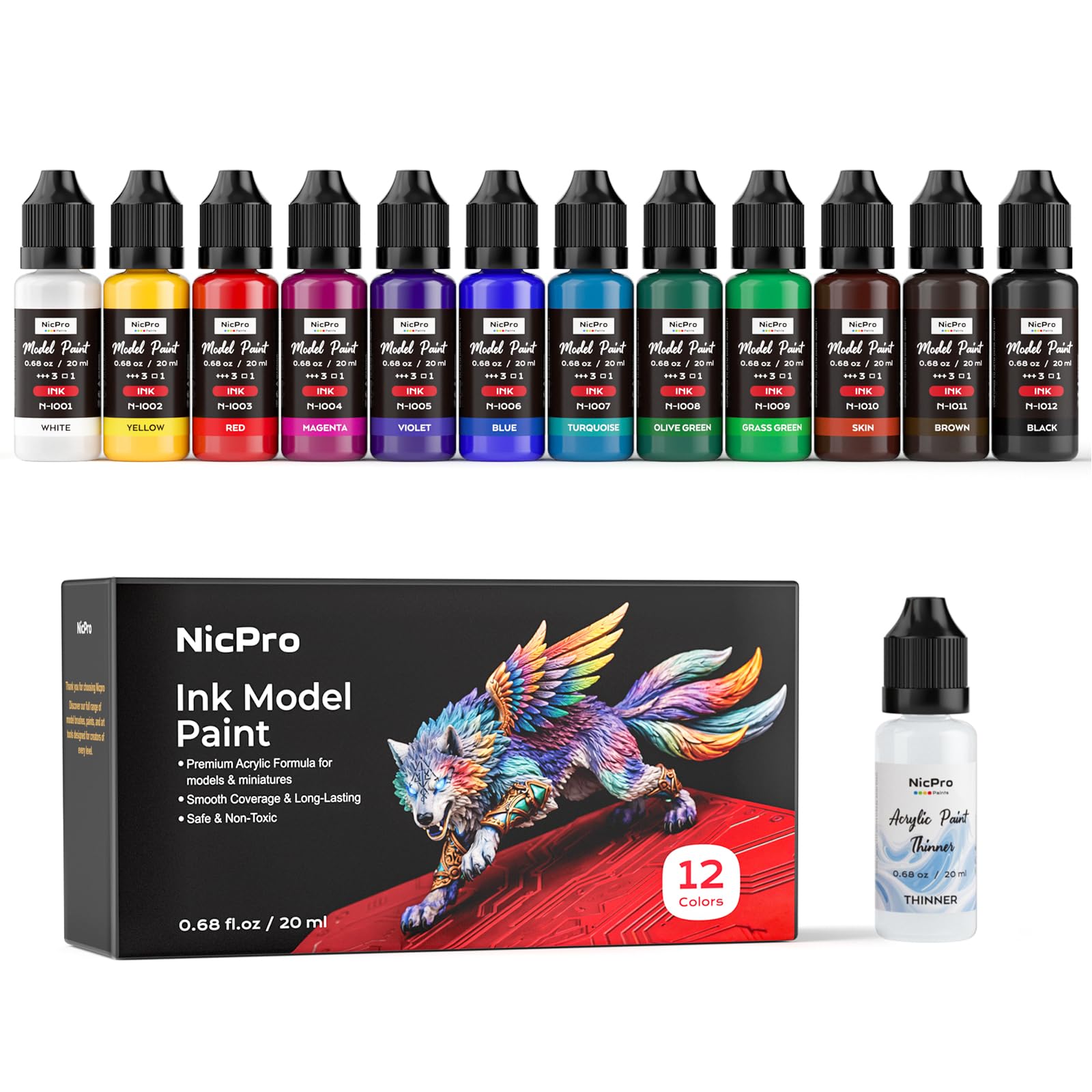 Nicpro 12 Colors Acrylic Model Ink Paint Set, 20ml Ready to Use