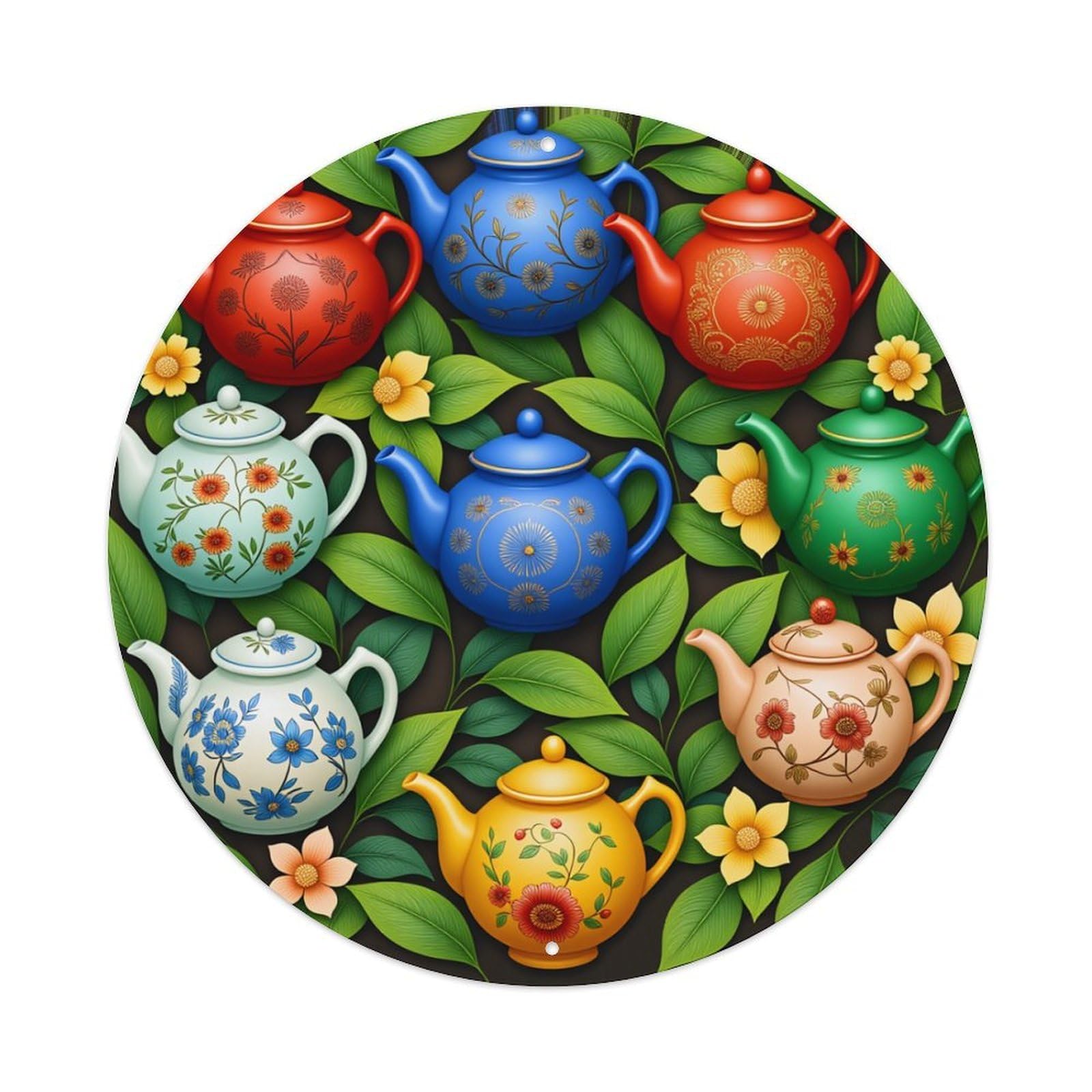 Floral Teapot Pattern Design Art Round Tin Sign Retro Metal Sign for Cafe Bar Pub Home Game Room Gym Club Wall Decoration Vintage Metal Poster 8x8 Inch