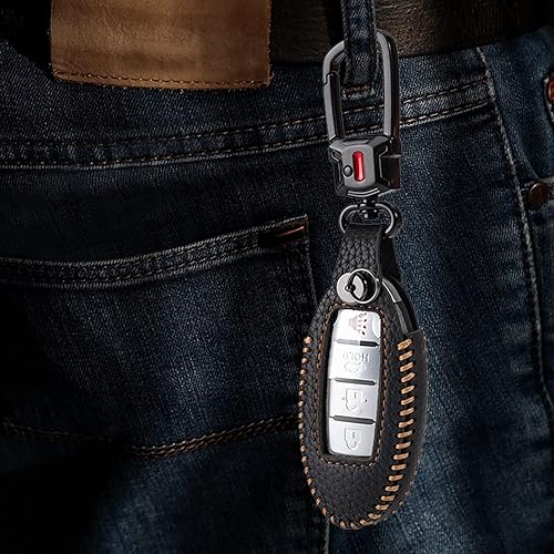 Miniatura 7 de Funda protectora de cuero para llavero de Nissan Rogue Titan Pathfinder, Altima Kicks Murano Frontier Armada Maxima Infiniti (negro)